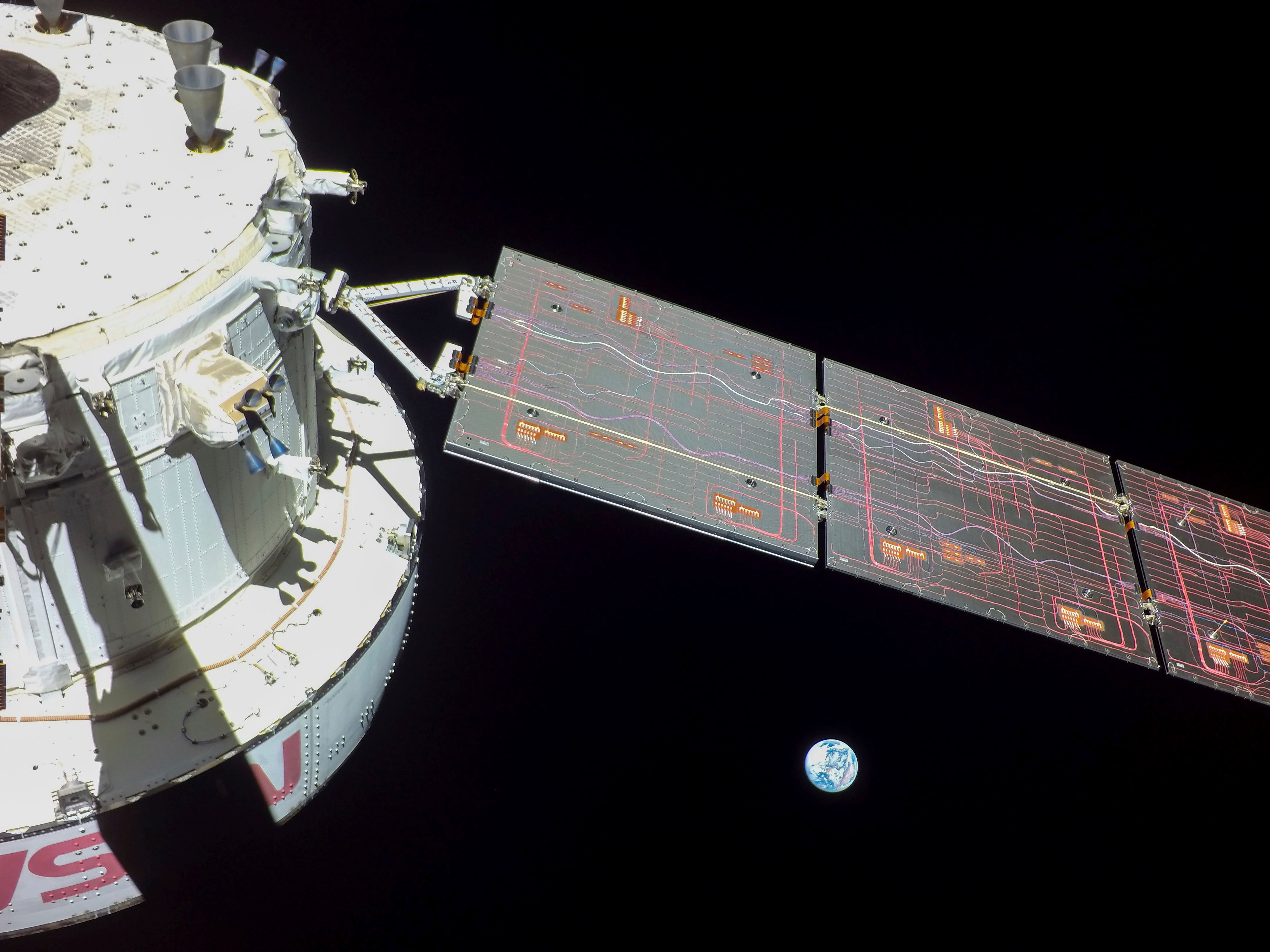 Imagery that Nasa's Orion spacecraft captured looking back at the Earth from a camera mounted on one of its solar arrays