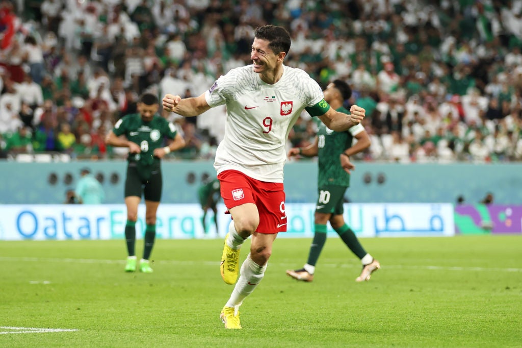 Lewandowski celebrates after scoring Poland’s second goal