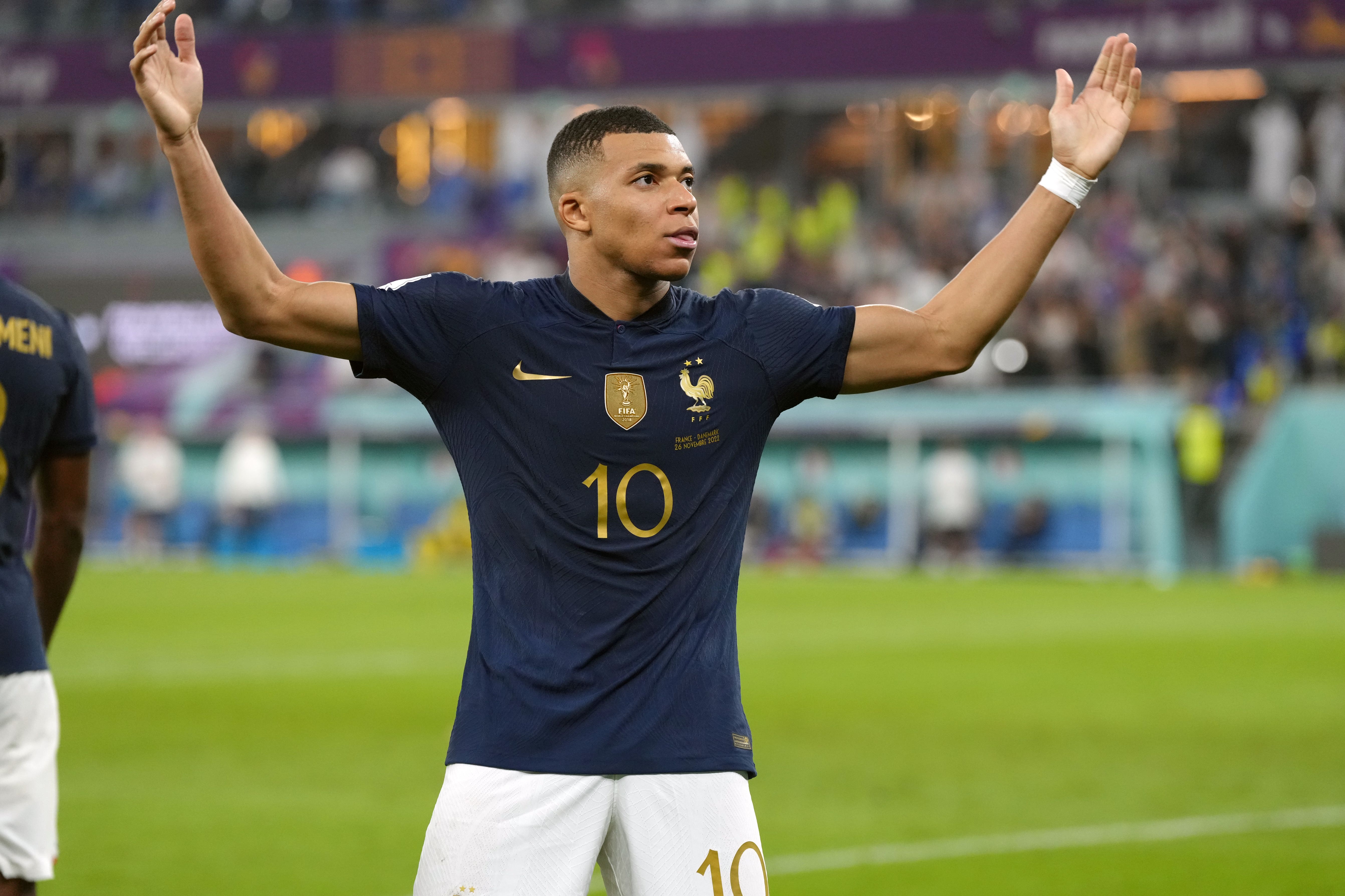 Two-goal Kylian Mbappe celebrates scoring France’s winner in the 2-1 World Cup victory over Denmark (Nick Potts/PA)