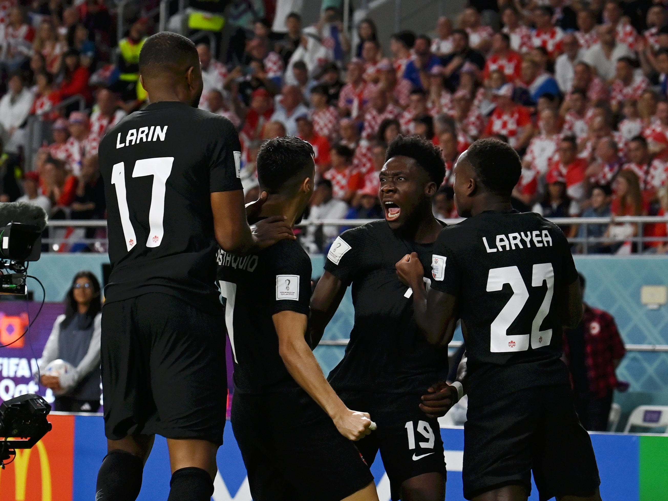 Alphonso Davies reacts to scoring Canada’s goal in the second minute