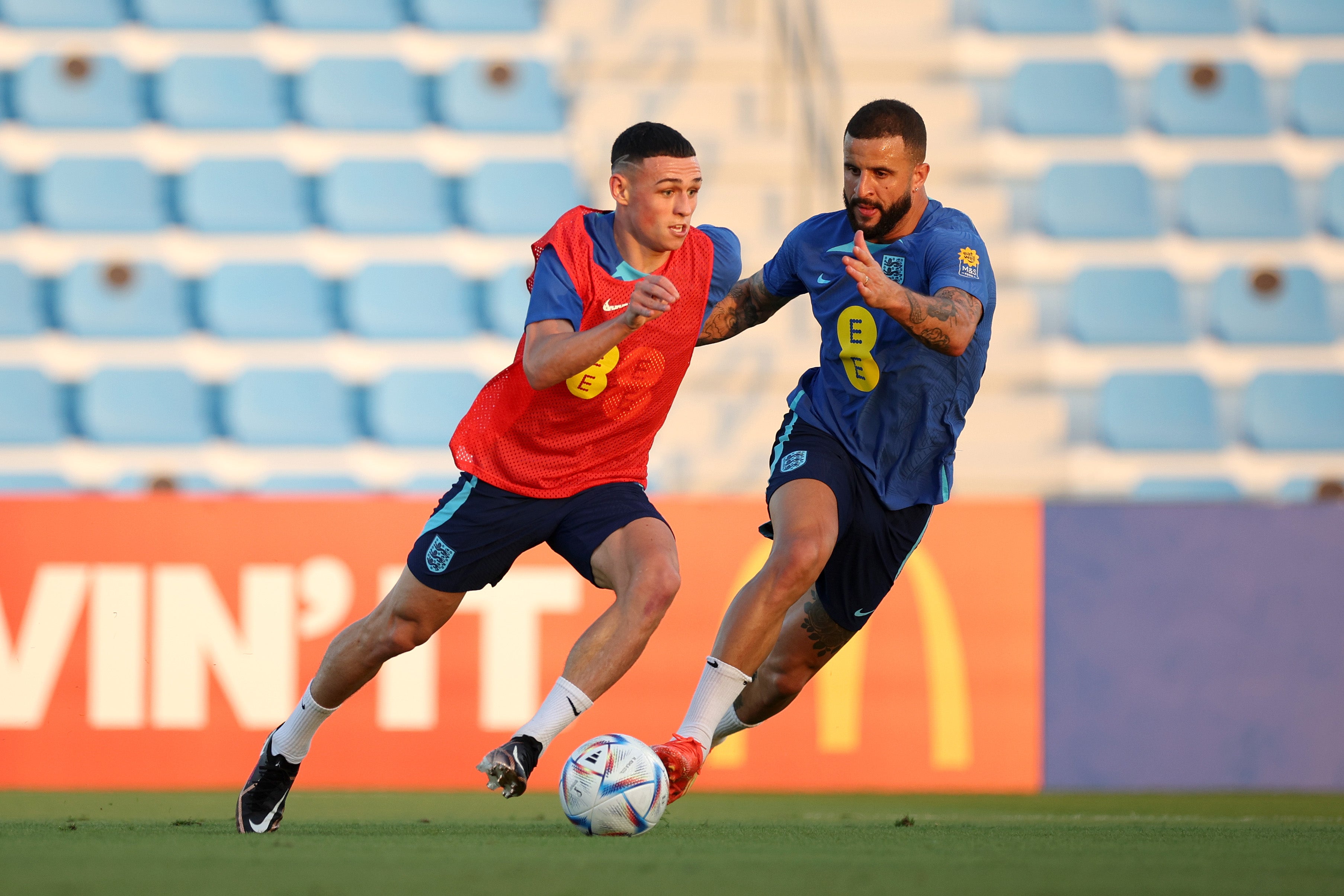 Phil Foden in training against Manchester City defender Kyle Walker