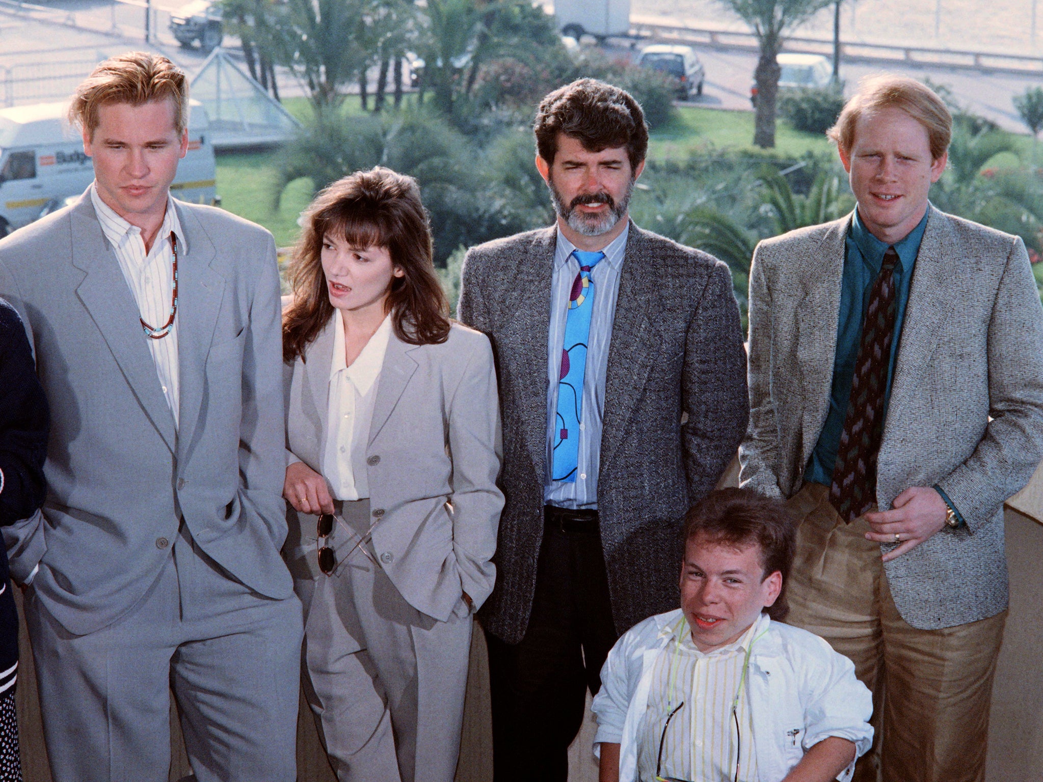 Val Kilmer, Joanne Whalley, George Lucas, Warwick Davis and Ron Howard at the Cannes premiere of ‘Willow’ in 1988