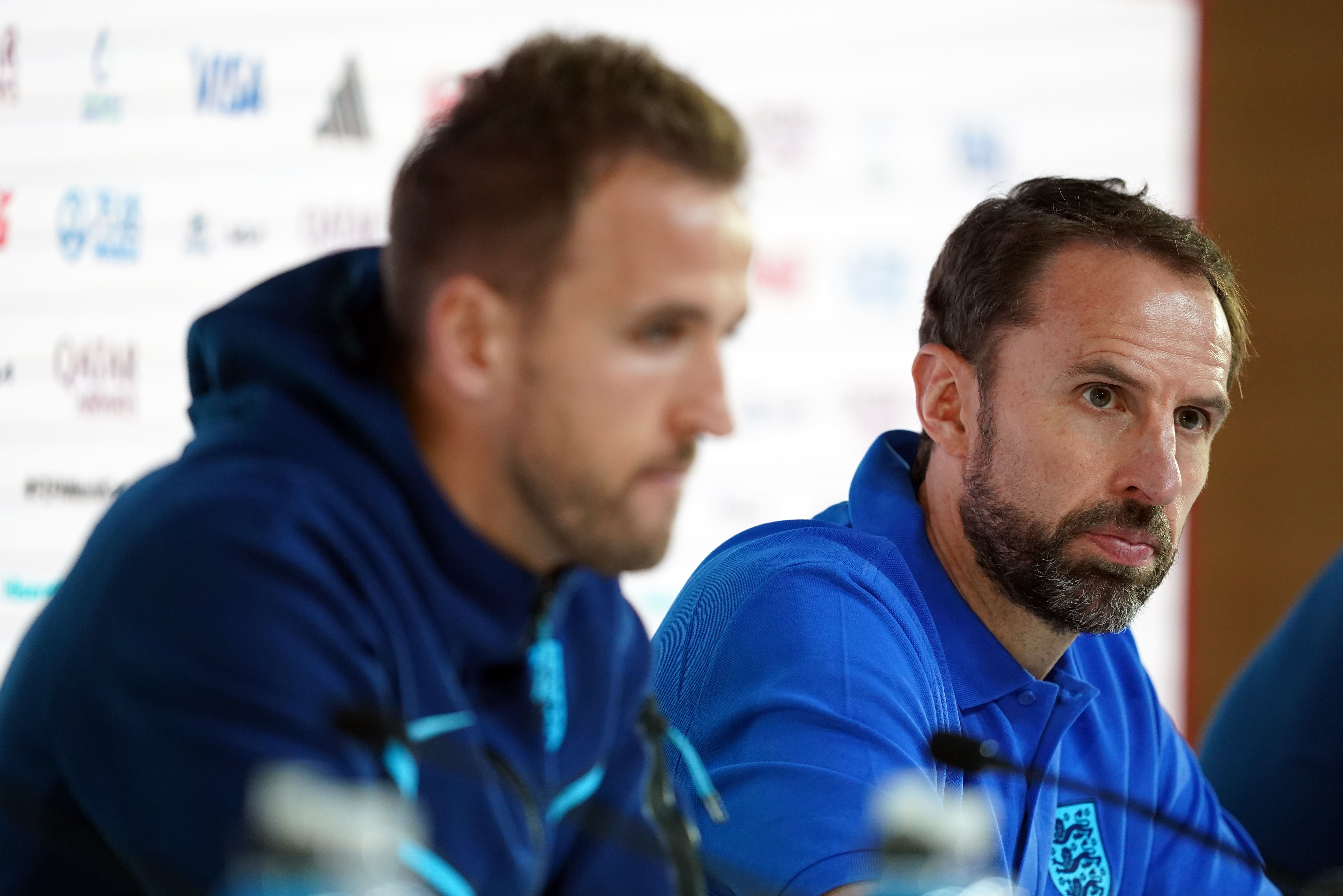 England manager Gareth Southgate, right, with captain Harry Kane (Martin Rickett/PA)