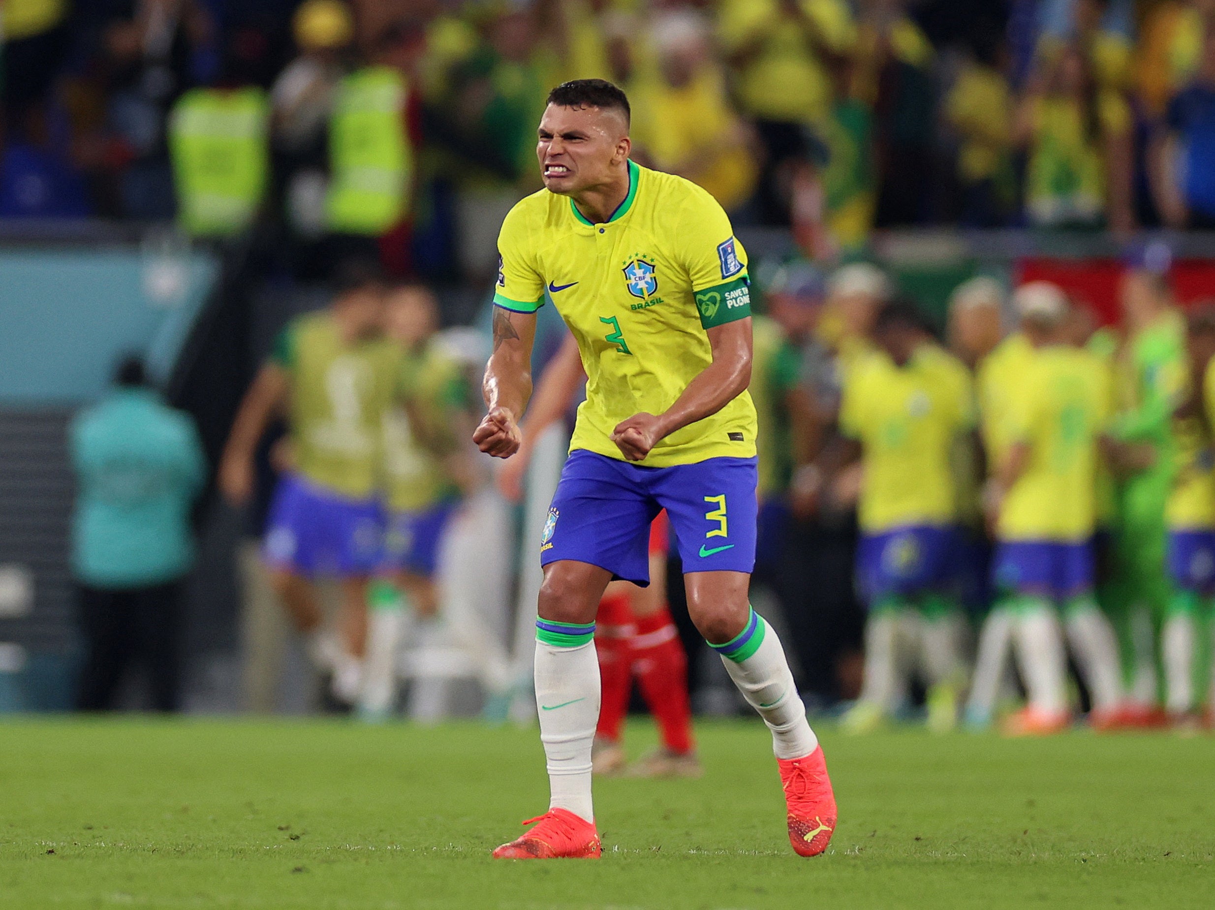 Brazil centre back Thiago Silva celebrates Casemiro’s goal against Switzerland