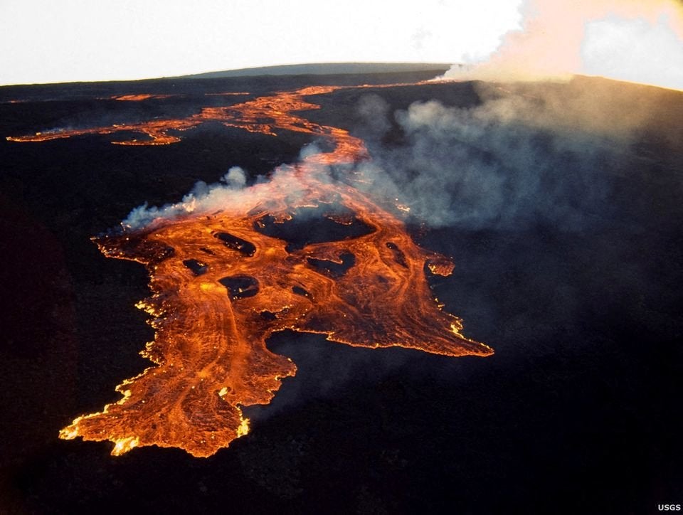 This aerial image released by the US Geological Survey (USGS) on 28 November 2022 courtesy of the National Weather Service, shows the lava in the summit caldera of Mauna Loa