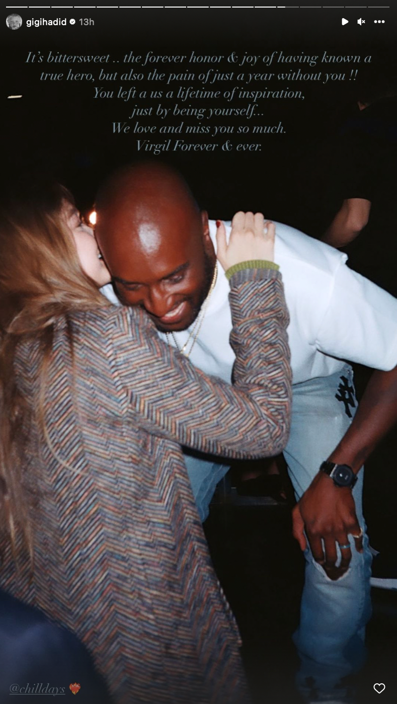 Gigi Hadid pays tribute to Virgil Abloh on anniversary of his death