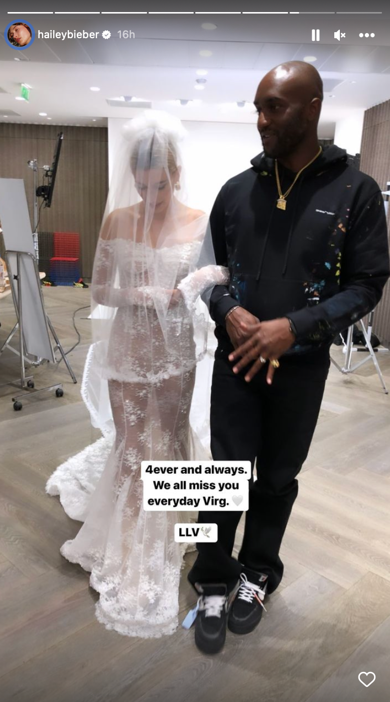 Hailey Bieber shares photo of wedding dress Virgil Abloh designed for her on anniversary of his death