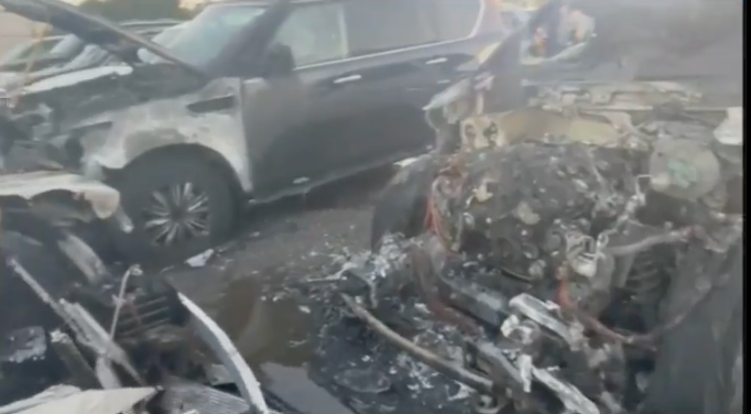 The burnt out remains of vehicles rented for Joe Biden’s visit to Nantucket that burst into flames