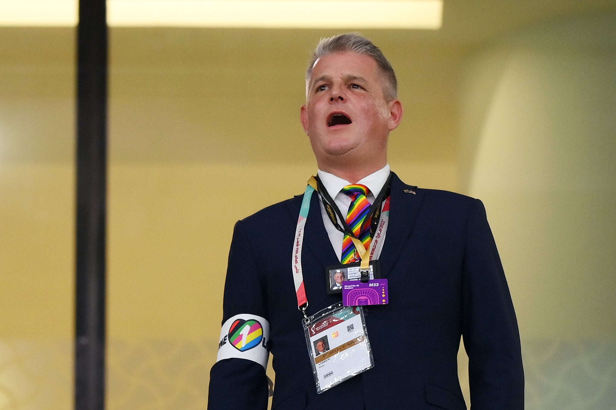 MP Stuart Andrew wears an ‘One Love’ armband and rainbow tie