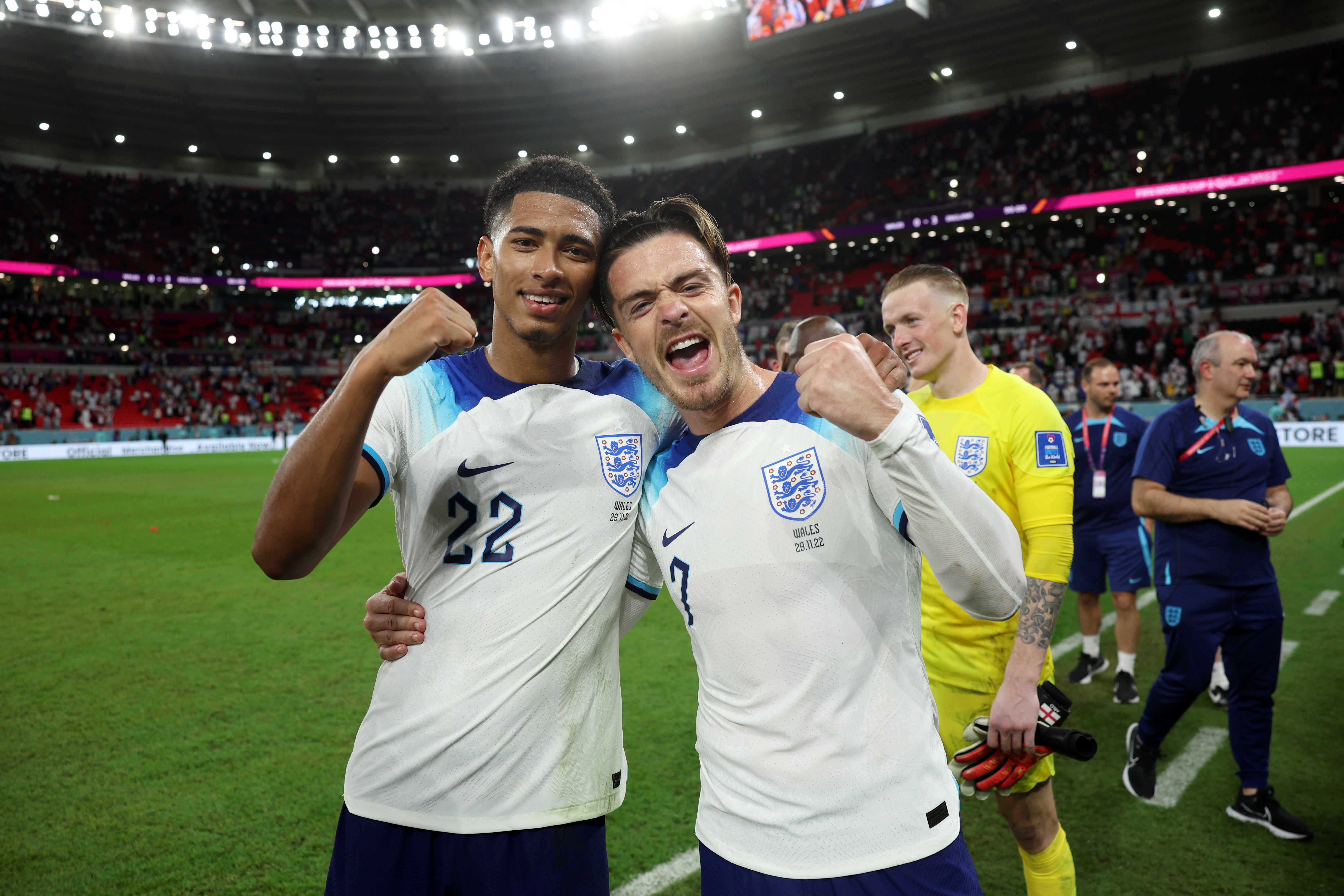 Bellingham and Jack Grealish celebrate after winning the match