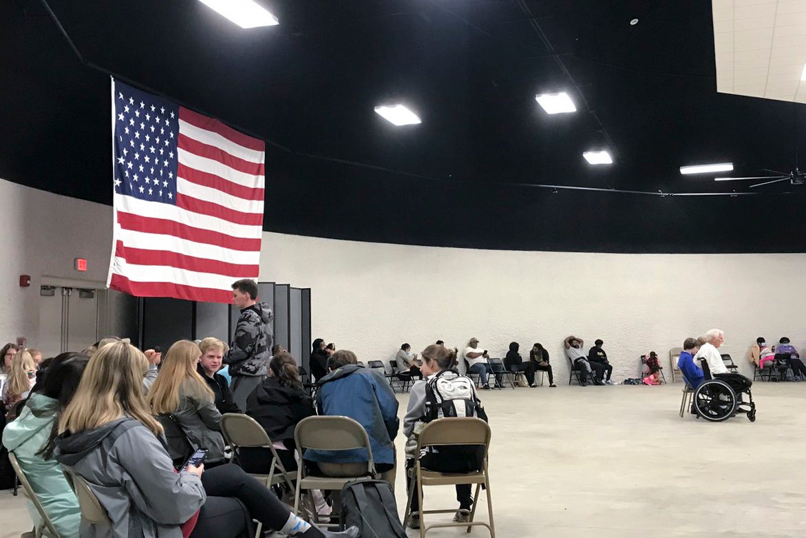 This photo provided by Craig Ceecee shows a tornado shelter opened by the Oktibbeha County Emergency Management agency on Tuesday, Nov. 29, 2022, in Starkville, Miss. Ceecee, a meteorologist at Mississippi State University, said the shelter is located in a dome-shaped multipurpose facility capable of withstanding 250 mph winds.