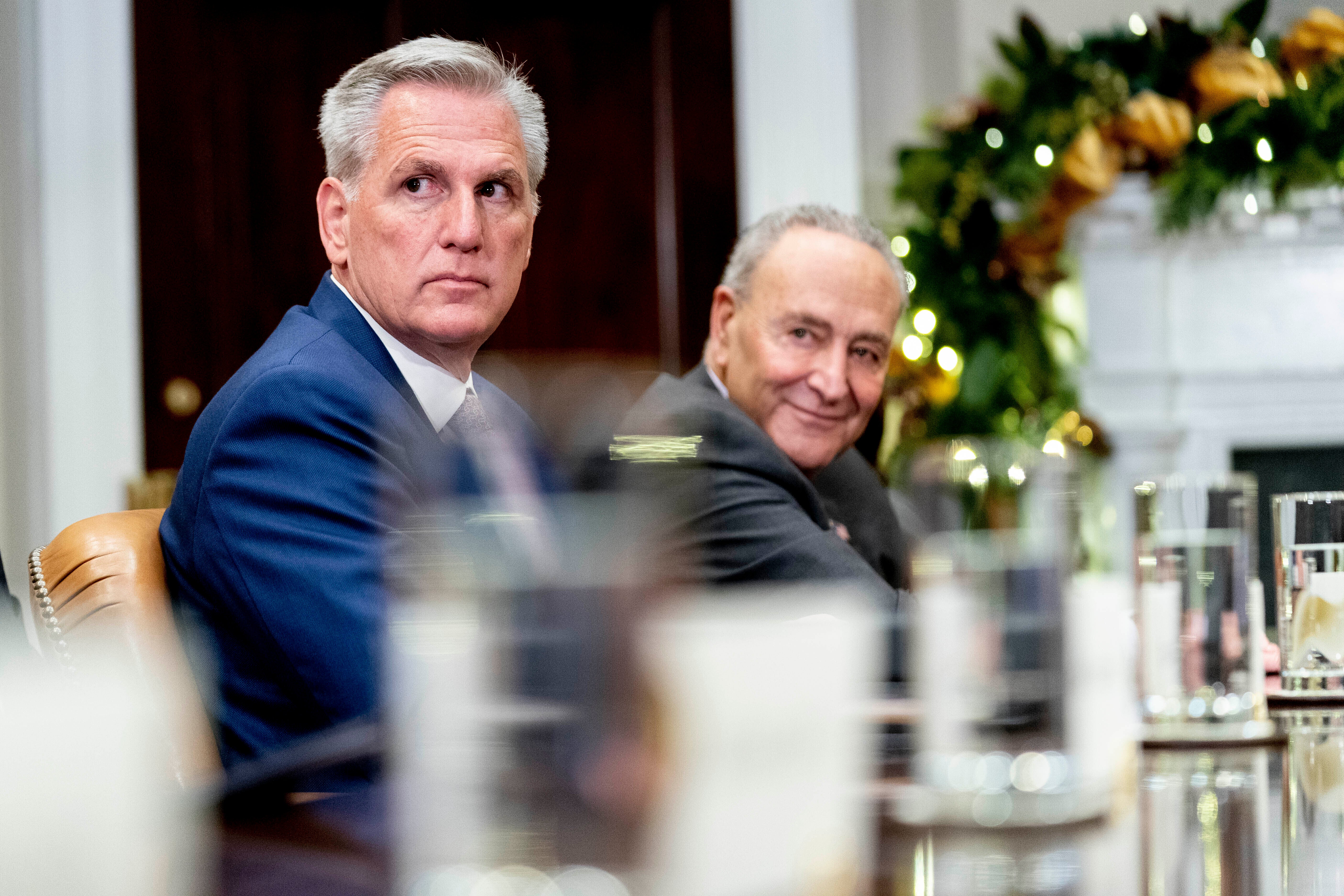 Kevin McCarthy of California, left, with Senate Majority Leader Sen. Chuck Schumer. McCarthy is facing a revolt from the ‘Never Kevin’ caucus