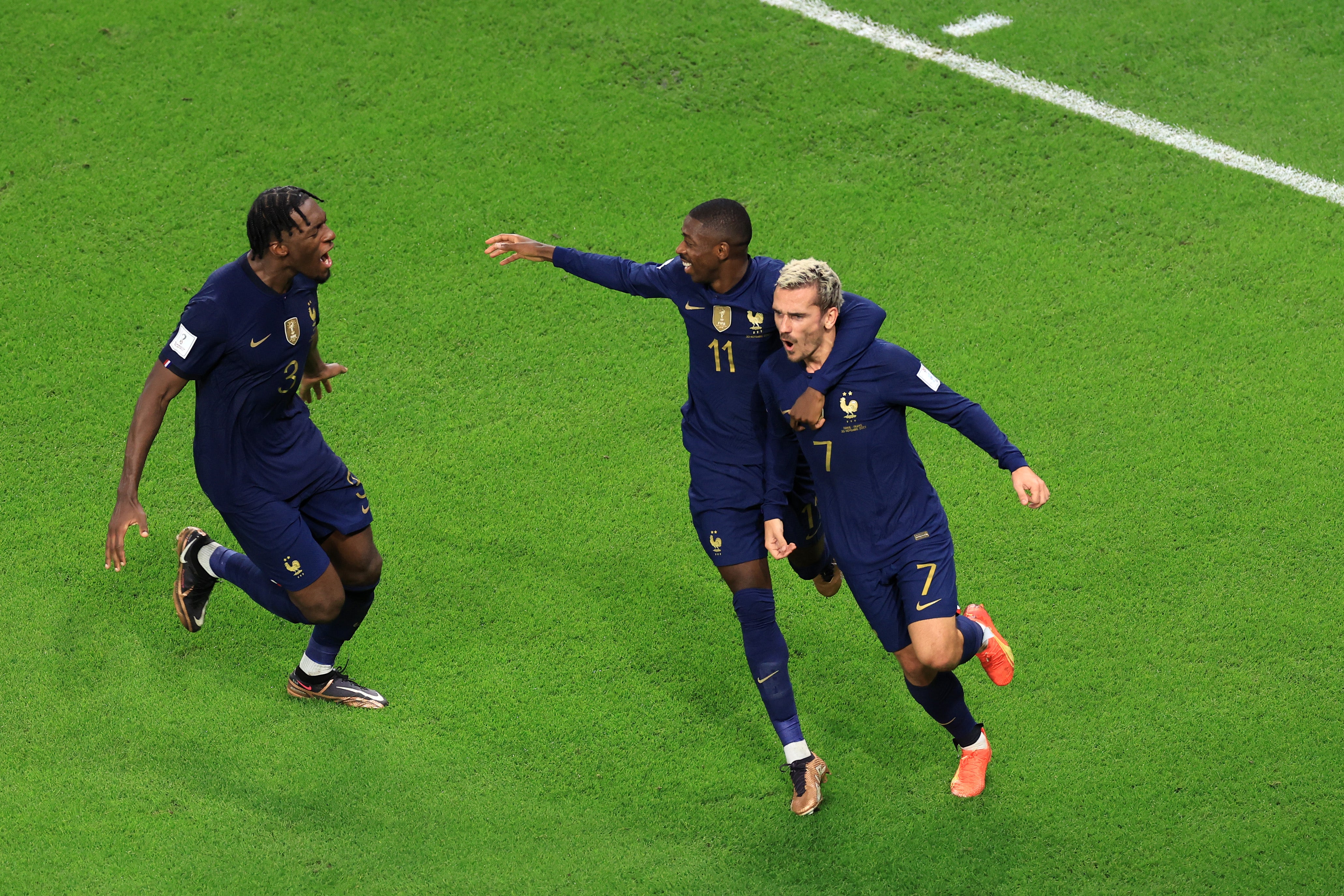 Antoine Griezmann of France celebrates before his goal is ruled out by VAR