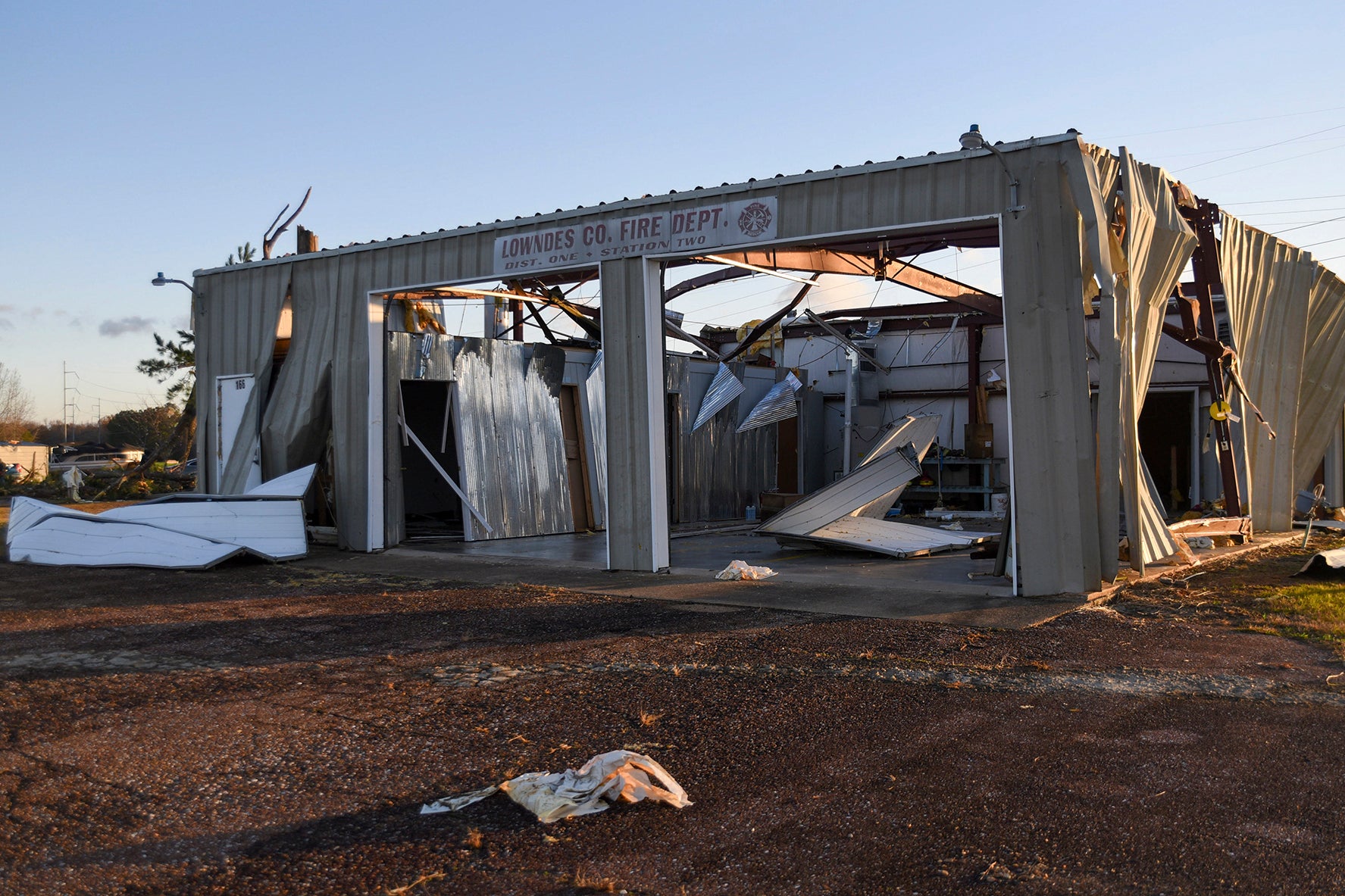 The Lowndes County Fire Department District One building shows the extensive damage from a possible Tuesday night tornado