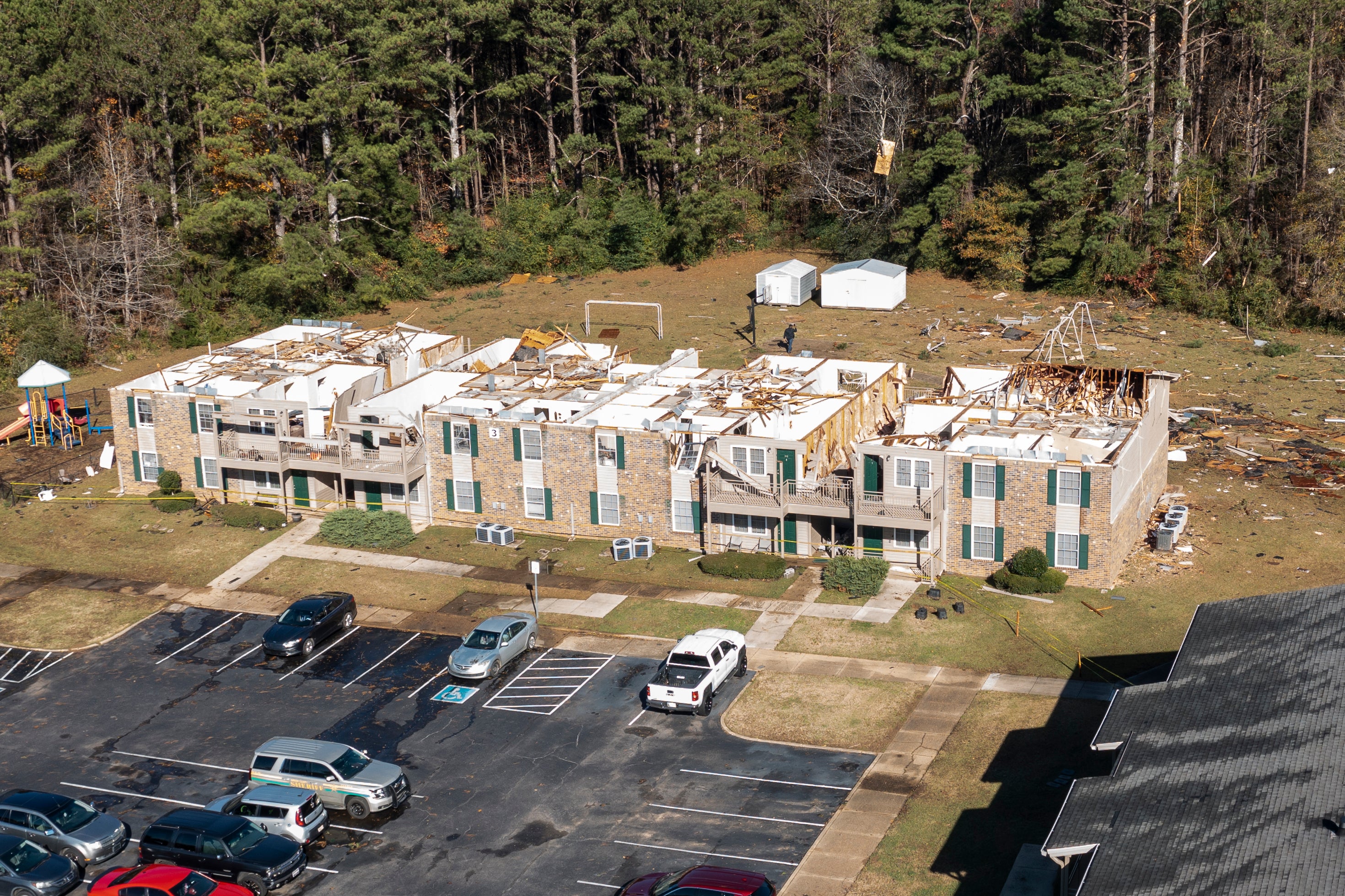 This aerial image shows roof damage to the Sagewood Apartments after an apparent tornado, Wednesday, Nov. 30, 2022, in Eutaw, Alabama