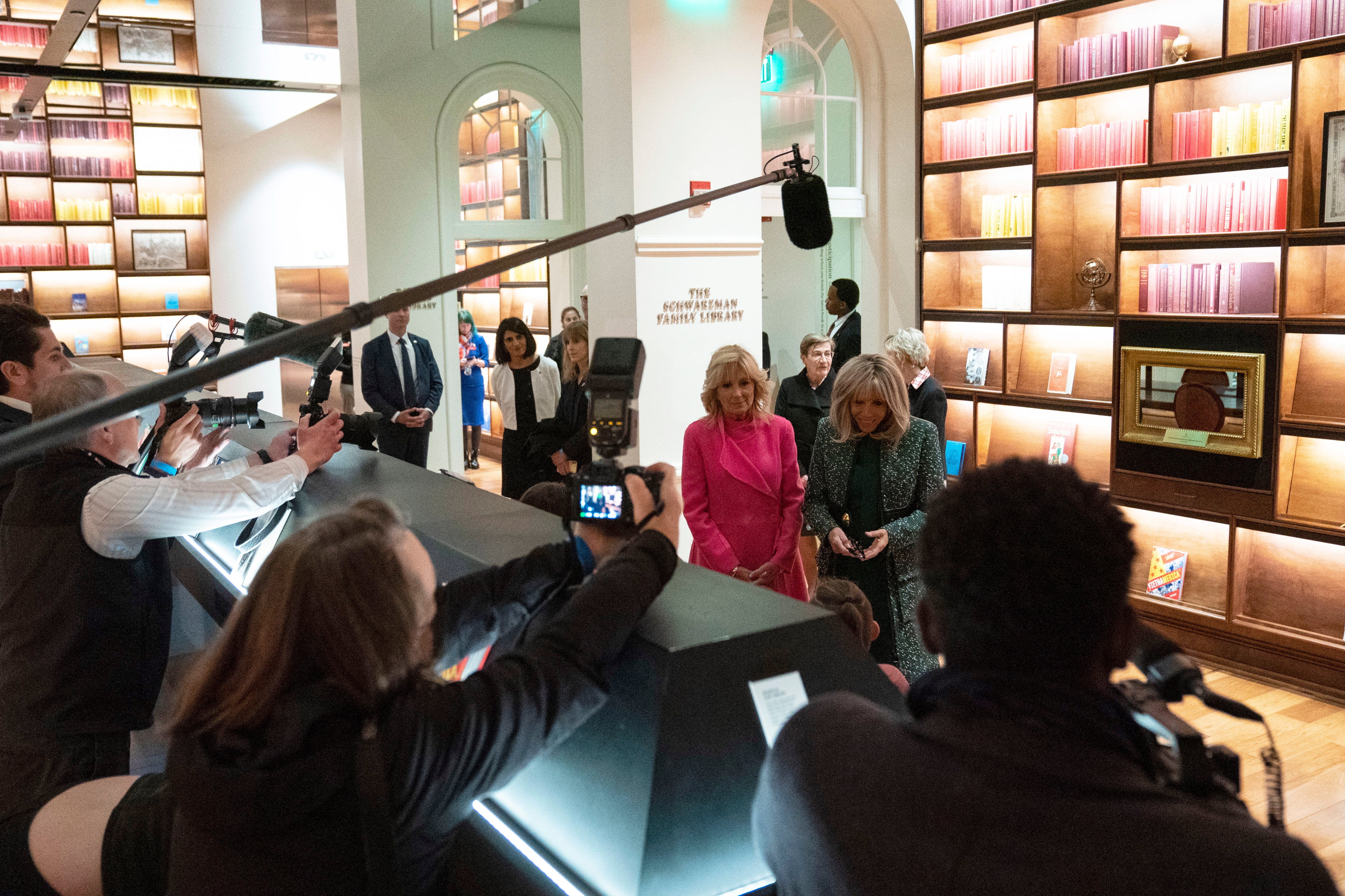 First lady Dr. Jill Biden and French First Lady Brigitte Macron speak to students during a tour of the Planet Word museum in Washington, DC , USA, 01 December 2022