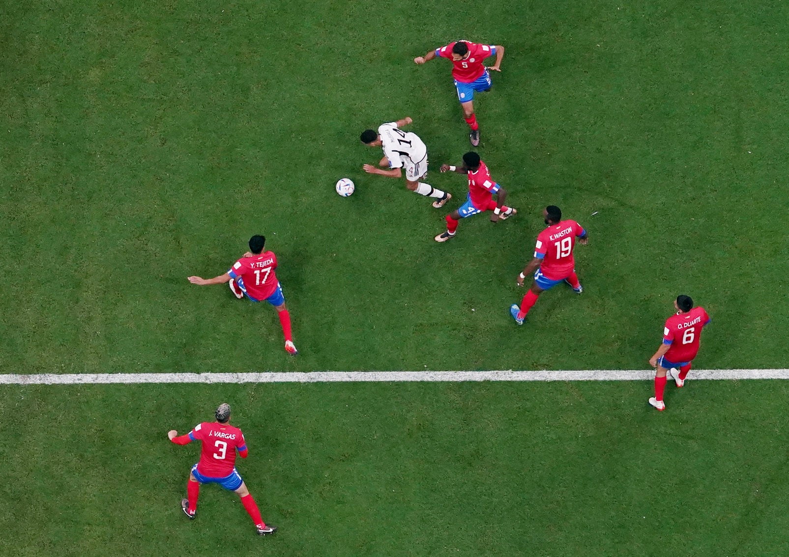 Costa Rica players swarm Jamal Musiala in a bid to thwart an attack