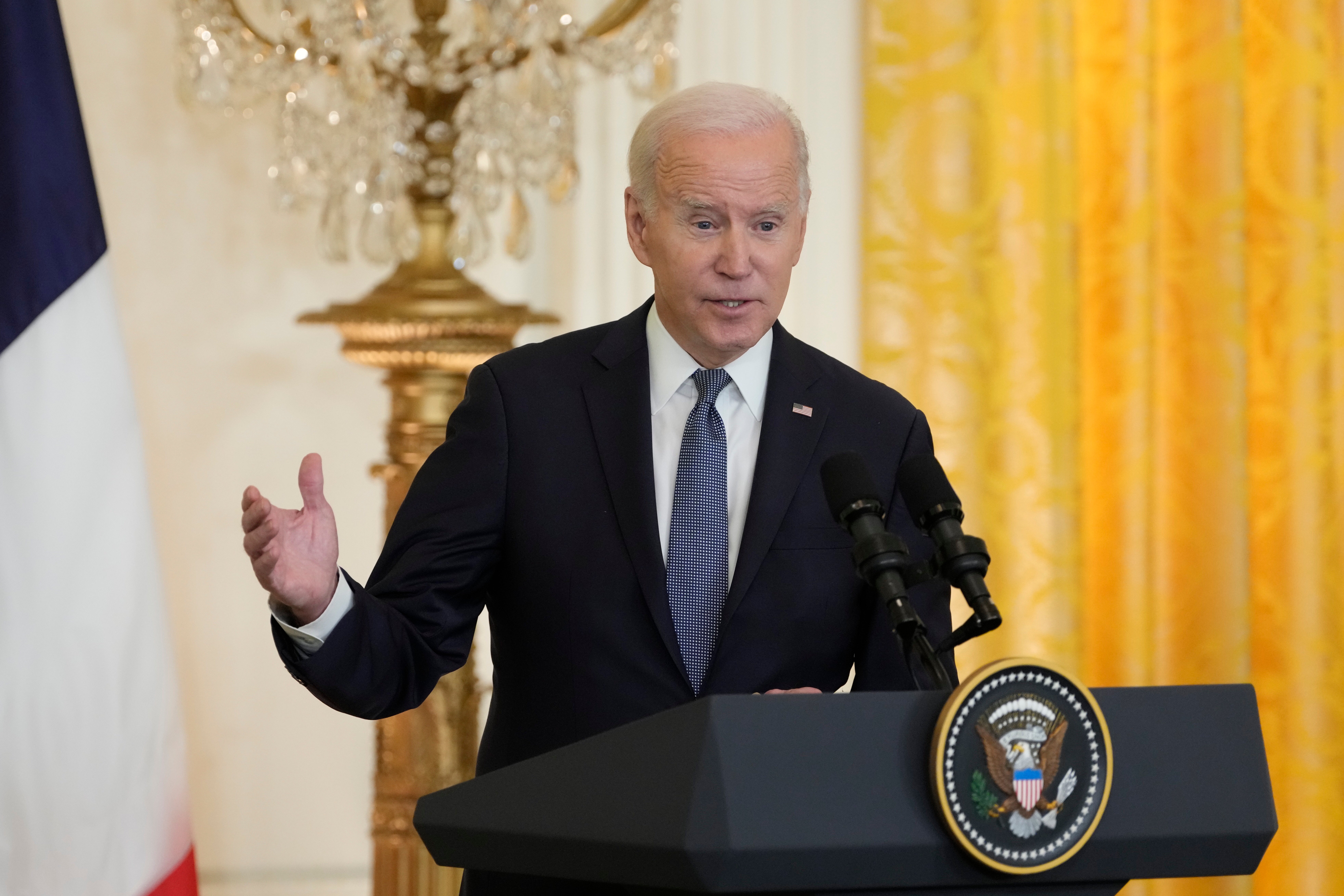 US President Joe Biden speaks at a press conference with French President Emmanuel Macron (not pictured) in the East Room of the White House in Washington, DC, USA 01 December 2022