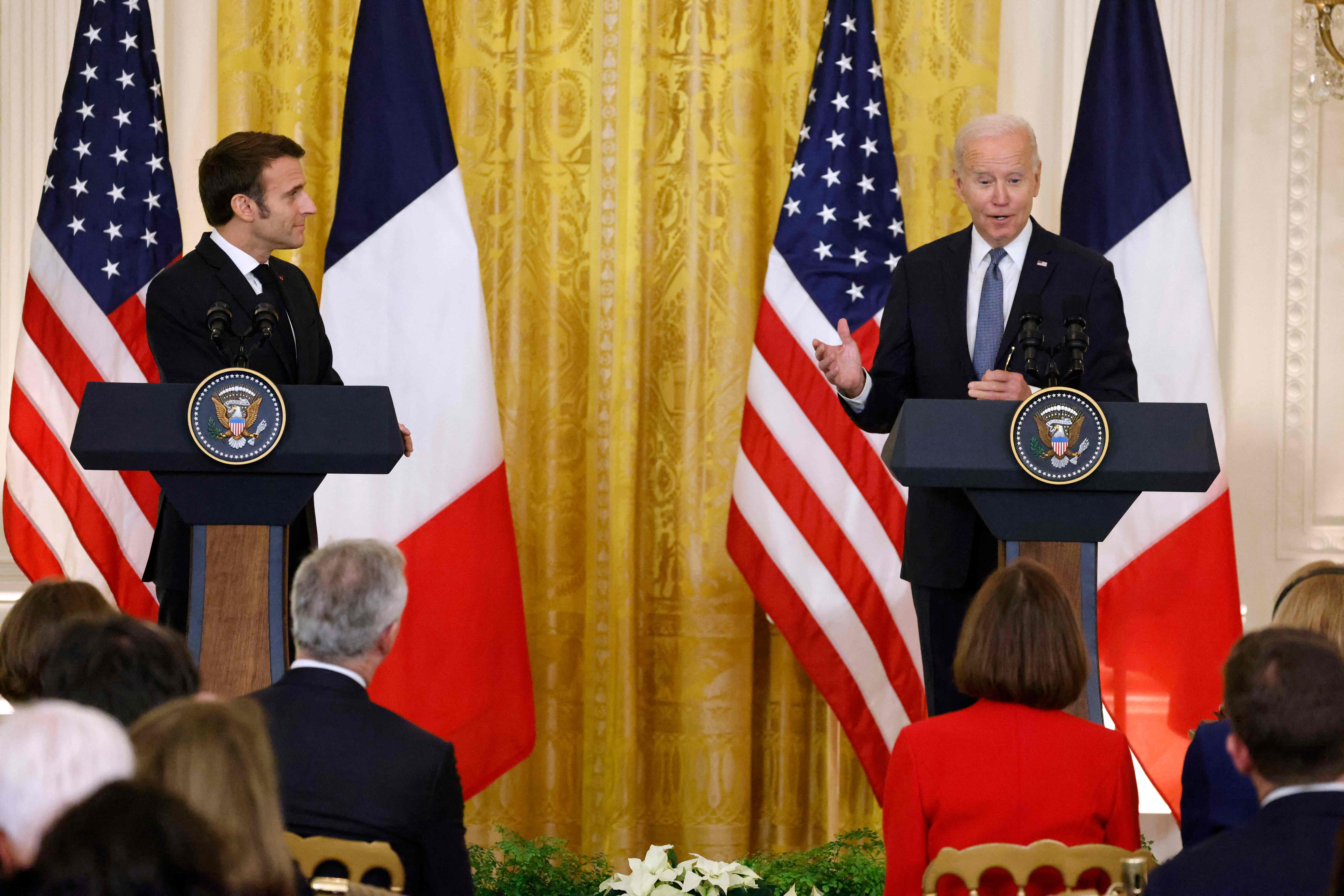 US President Joe Biden and French President Emmanuel Macron hold a joint press conference in the East Room of the White House in Washington, DC, on December 1, 2022