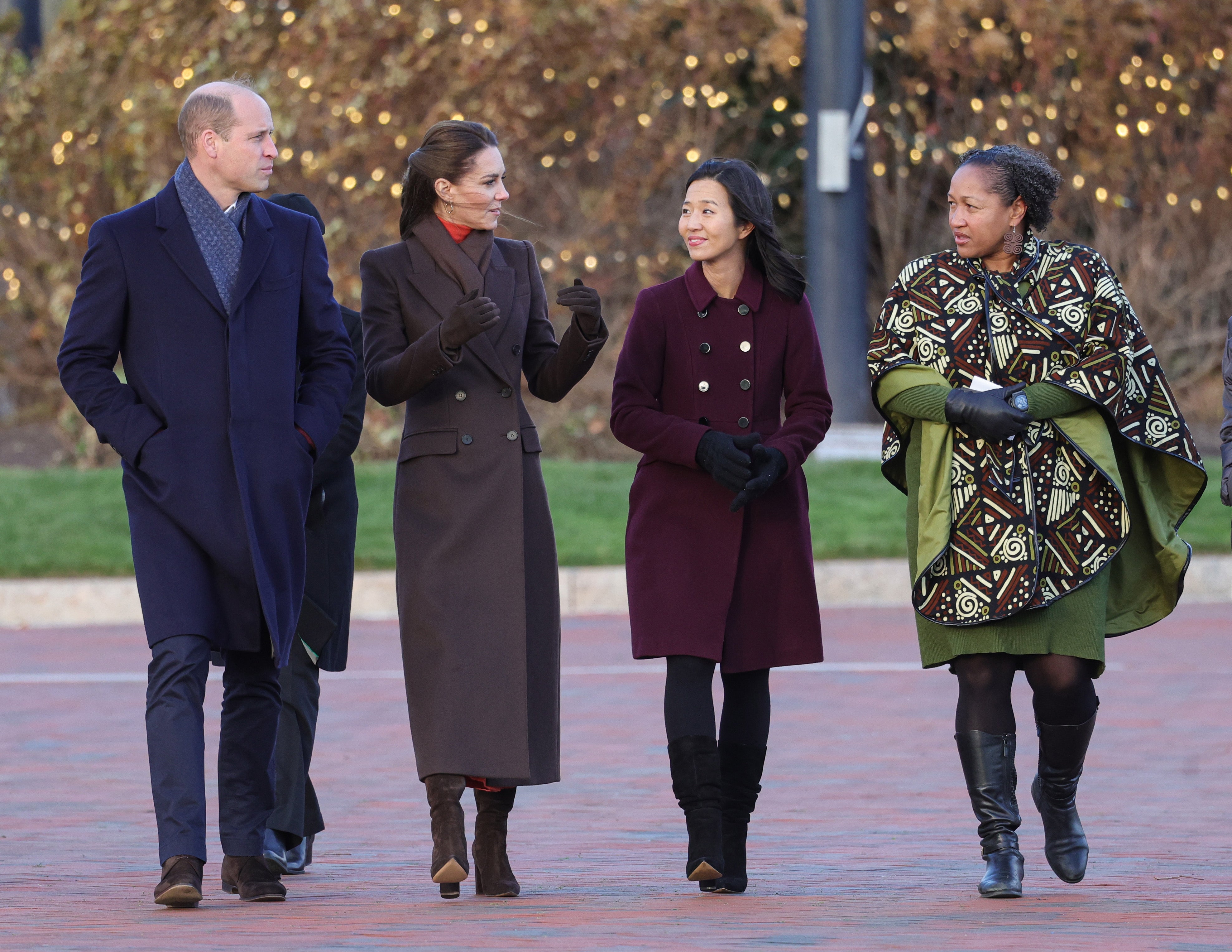 The Prince and Prince of Wales speak with Boston Mayor Michelle Wu and Reverend Mariama White-Hammond as they visit east Boston on Thursday to see the changing face the city’s shoreline from rising sea levels