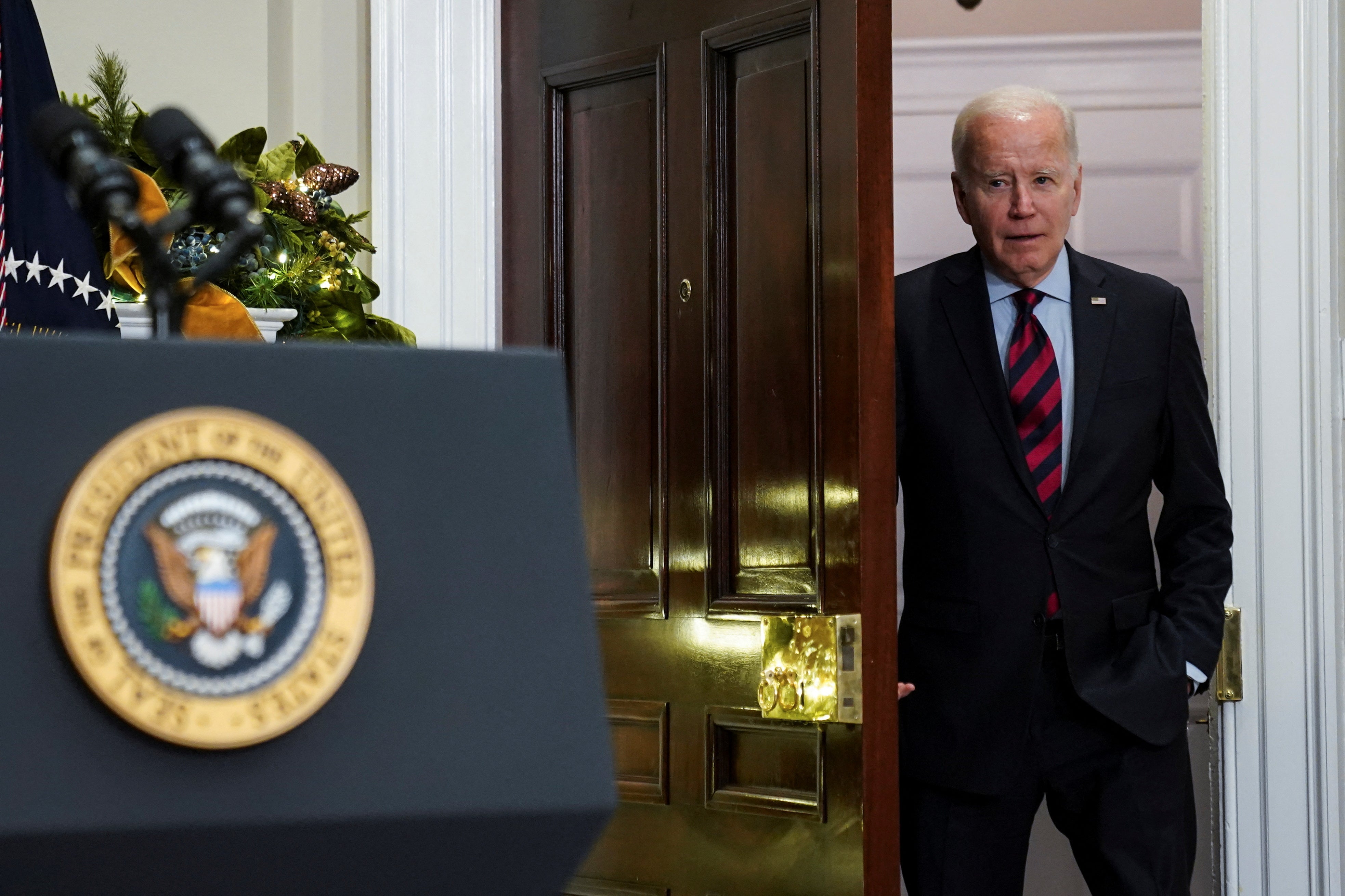 U.S. President Joe Biden arrives prior to signing railroad legislation into law, providing a resoluton to avert a nationwide rail shutdown, during a signing ceremony in the Roosevelt Room at the White House in Washington, U.S., December 2, 2022. REUTERS/Kevin Lamarque