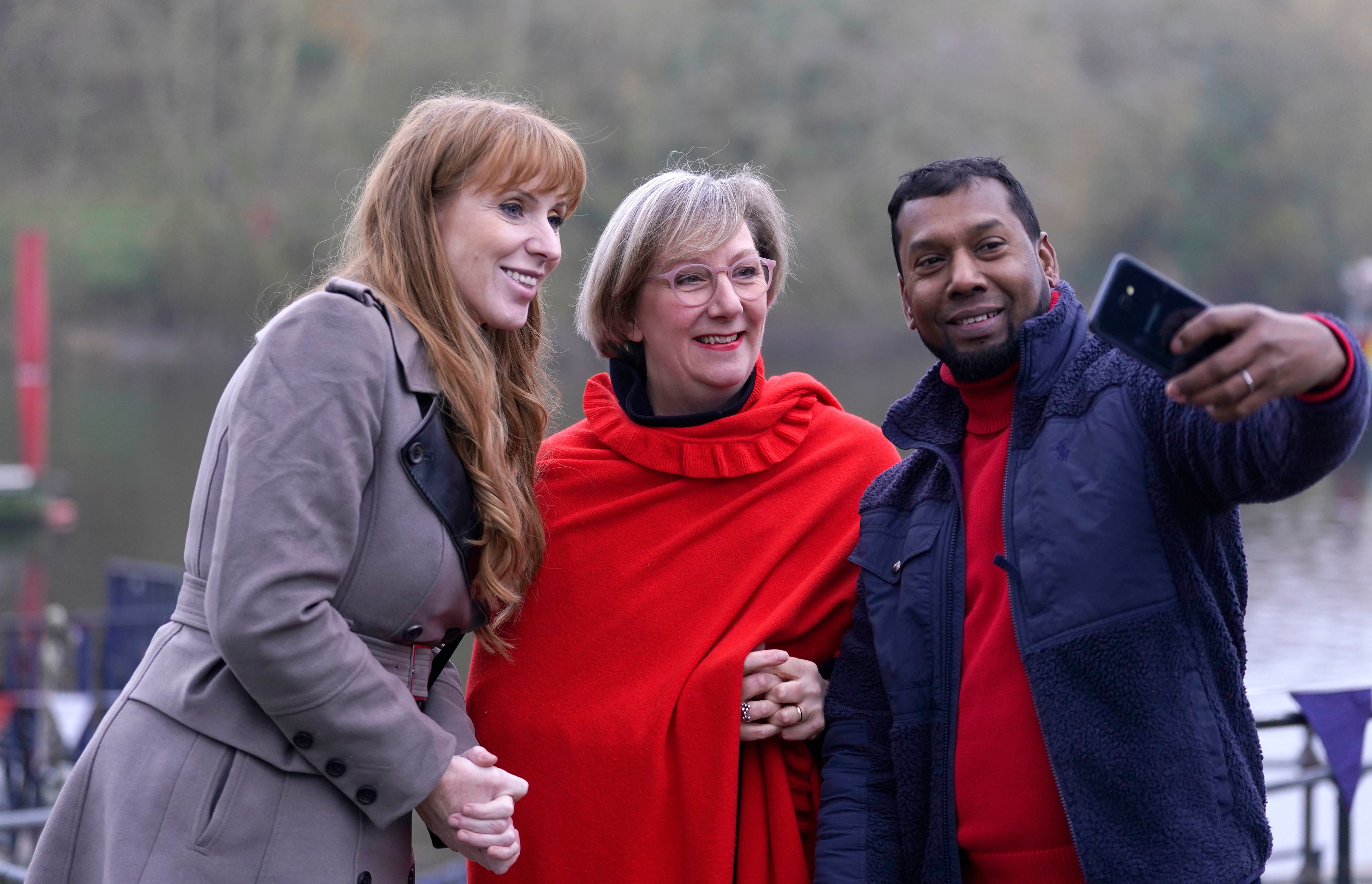 Labour’s Angela Rayner with newly elected MP Samantha Dixon have a picture taken with a party activist in Chester