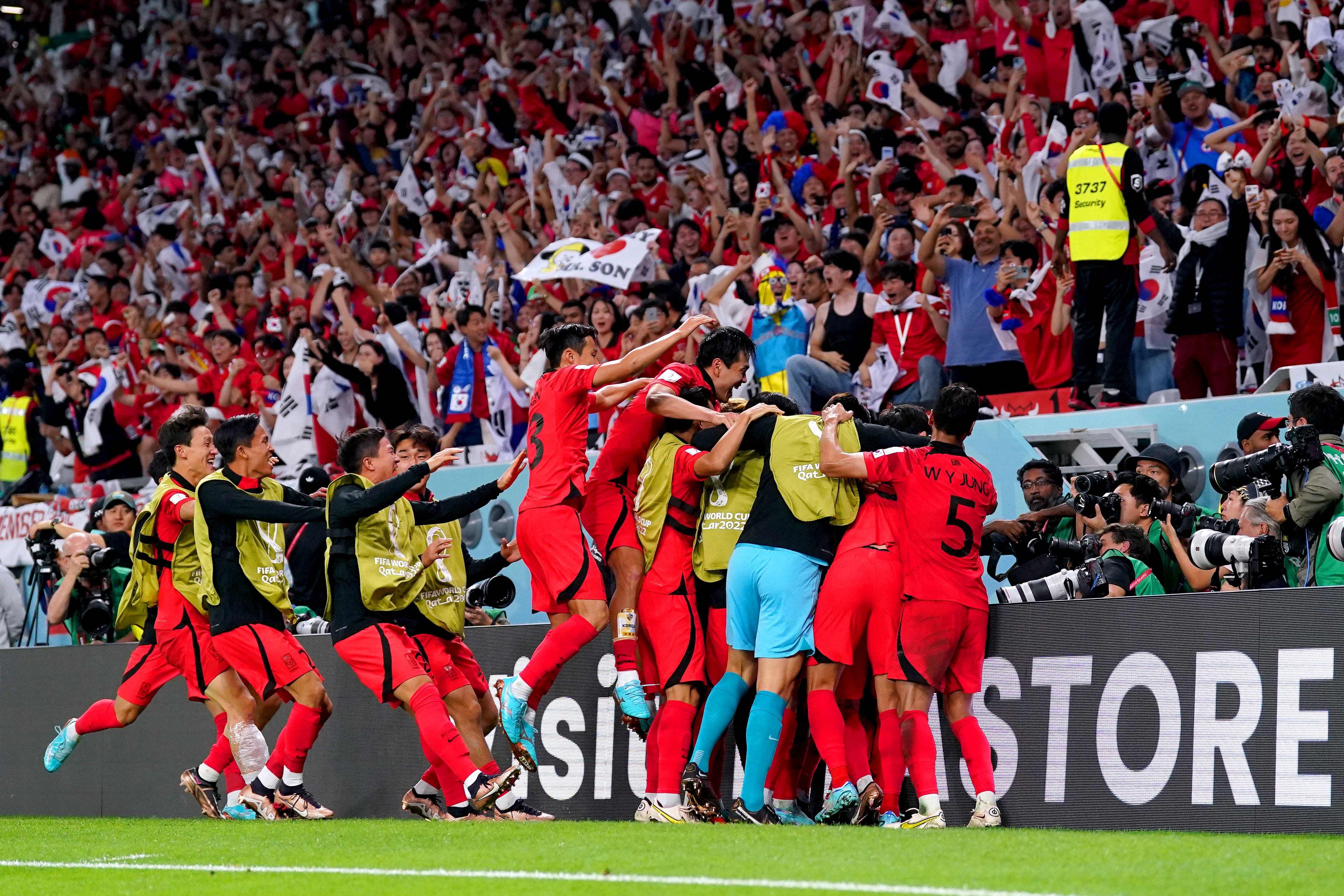 South Korea players celebrate their winner against Portugal (Adam Davy/PA).