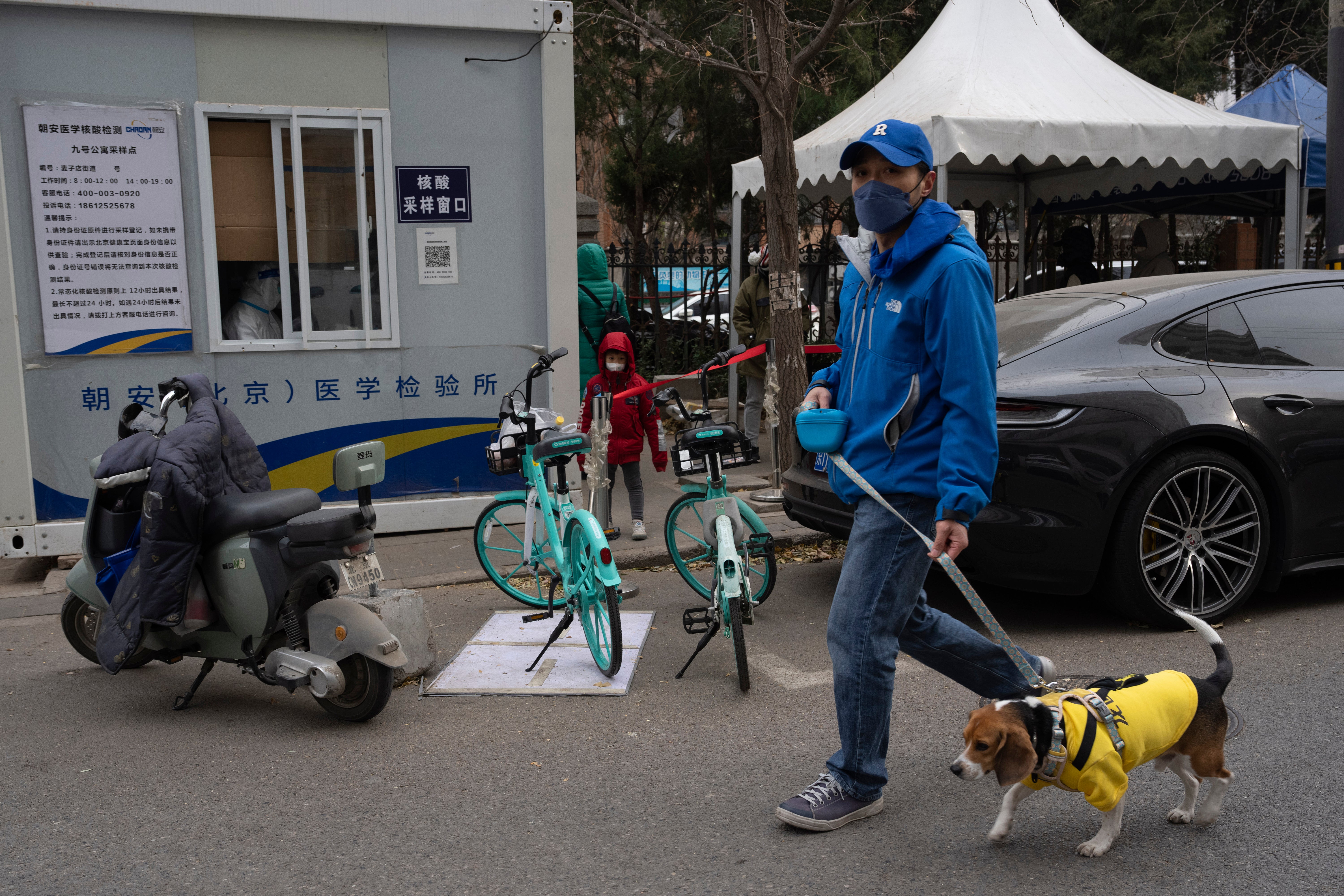 A man walks his dog past a Covid testing station in Beijing on 2 December as more cities ease restrictions