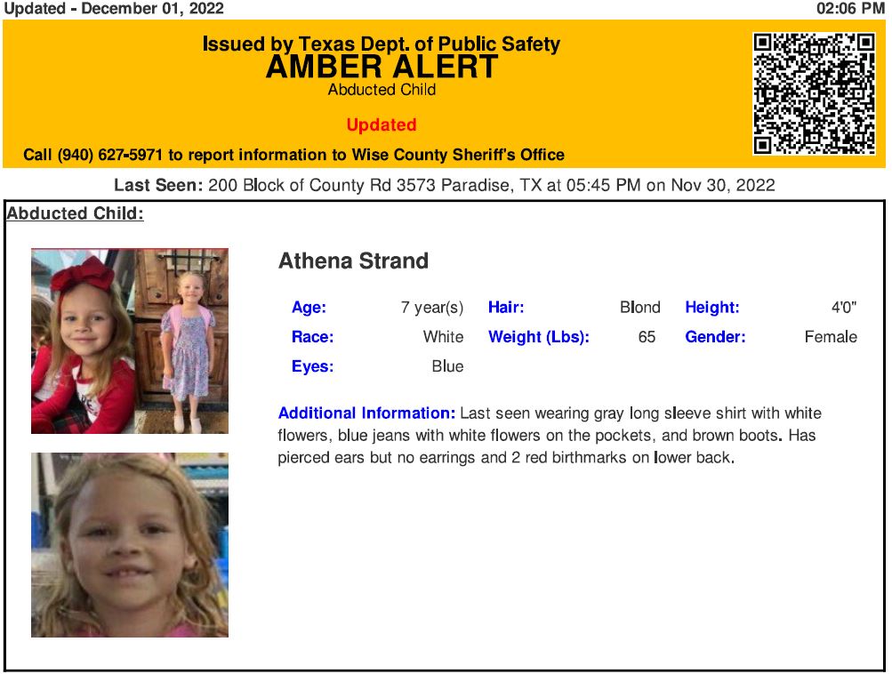 Authorities issued an amber alert for Athena Strand on Thursday