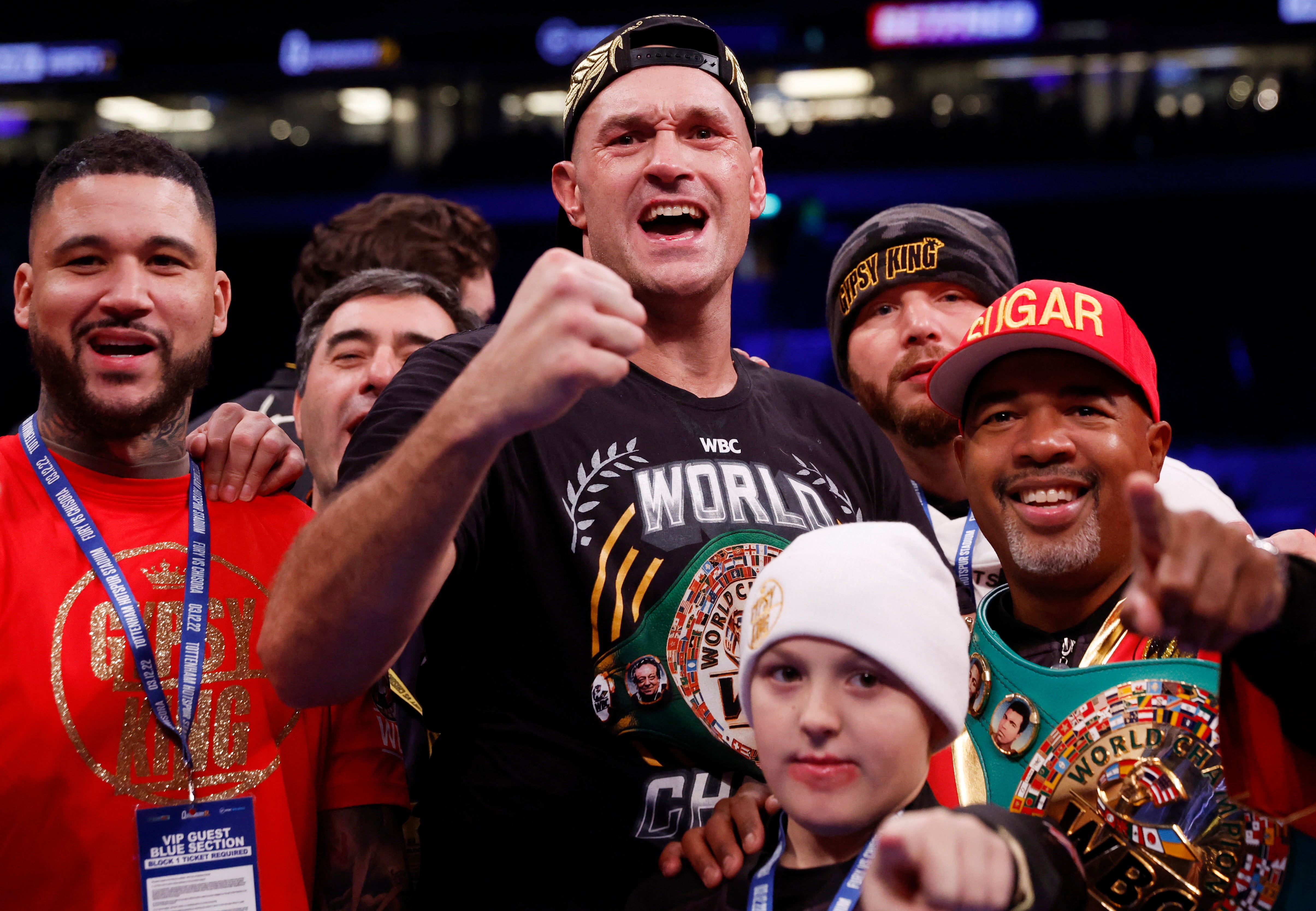 Tyson Fury celebrates with his corner