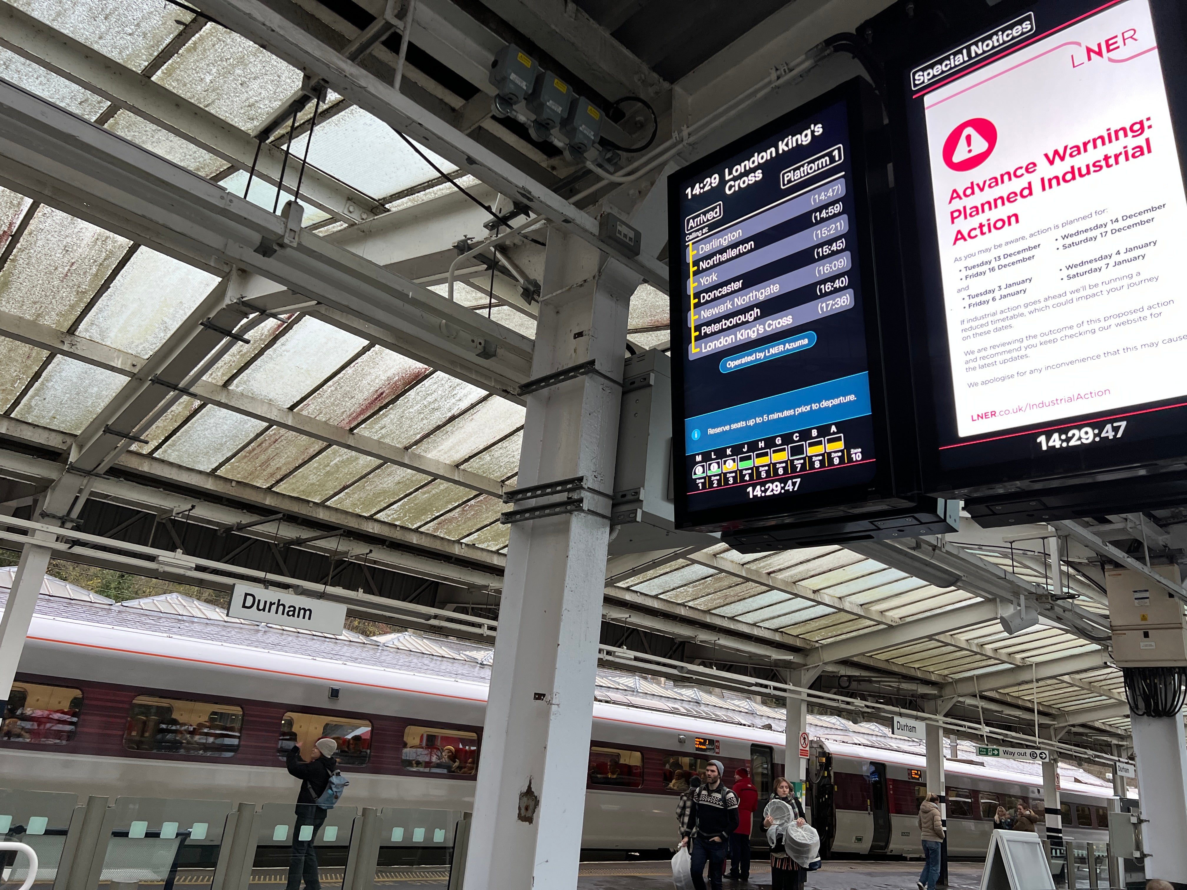 Next stop? A screen at Durham station warning of the pre-Christmas industrial action planned by the RMT union