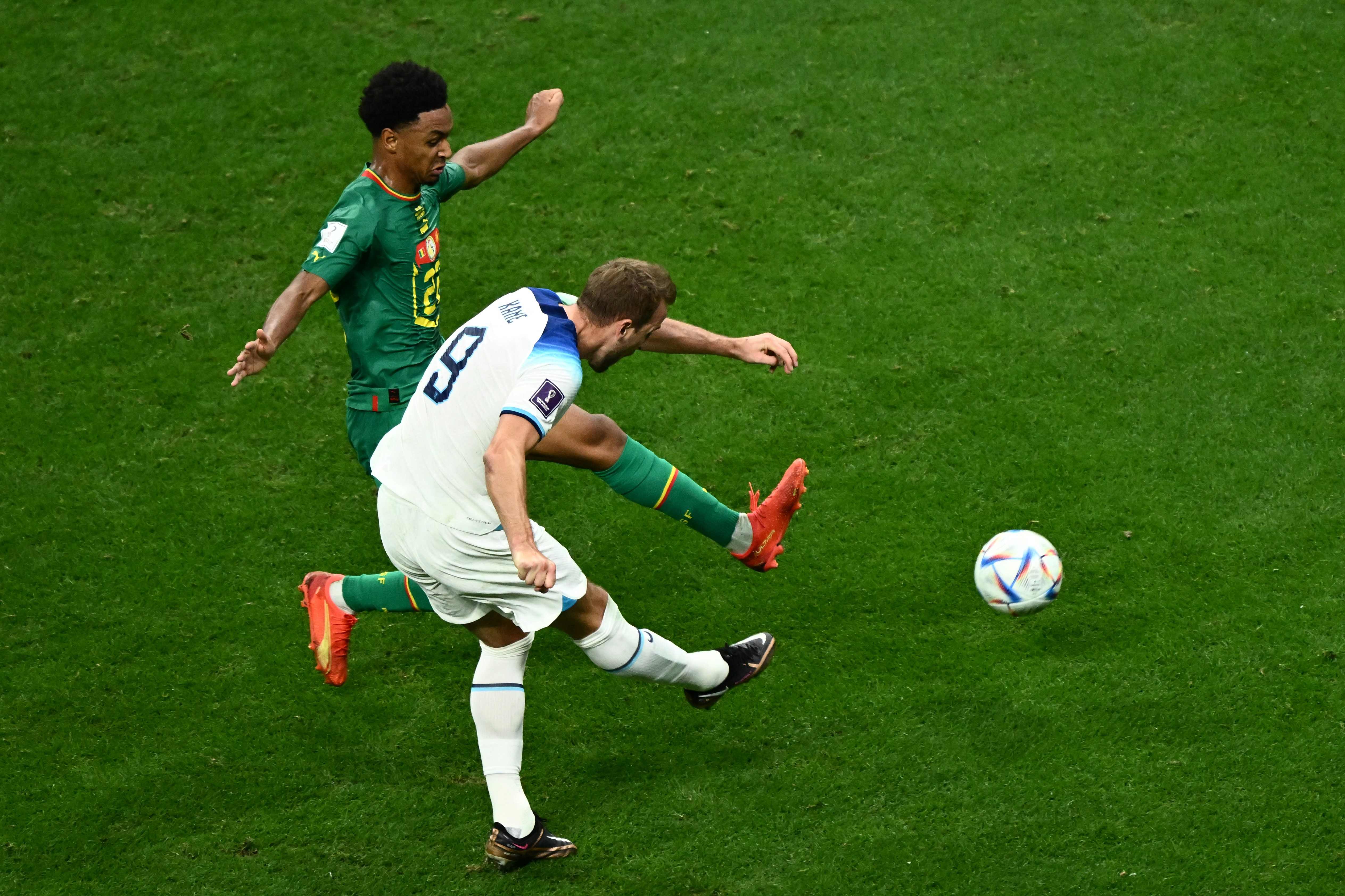 Harry Kane scores England’s second goal against Senegal and his first of the tournament