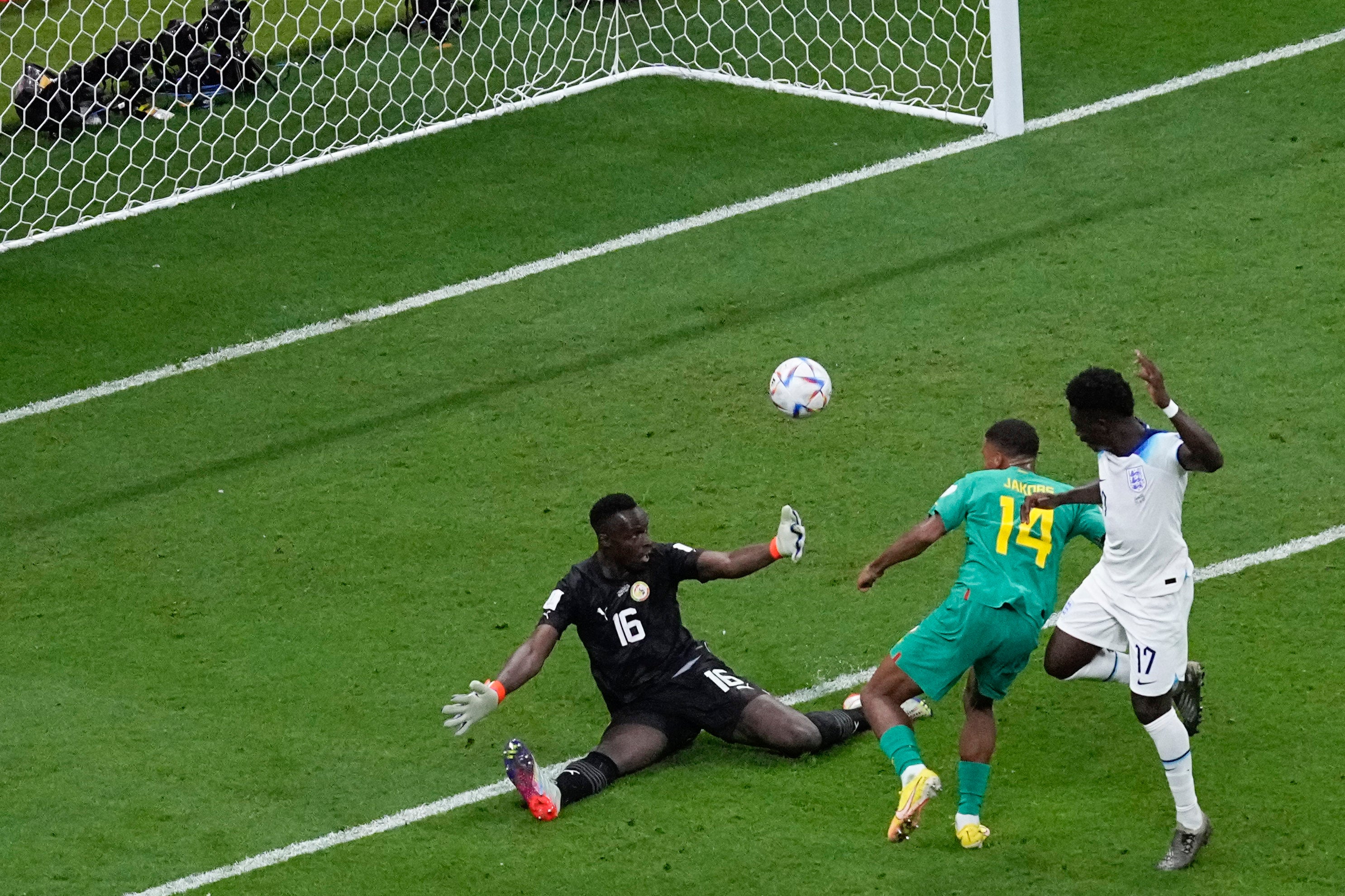 Bukayo Saka scores England’s third goal of the match