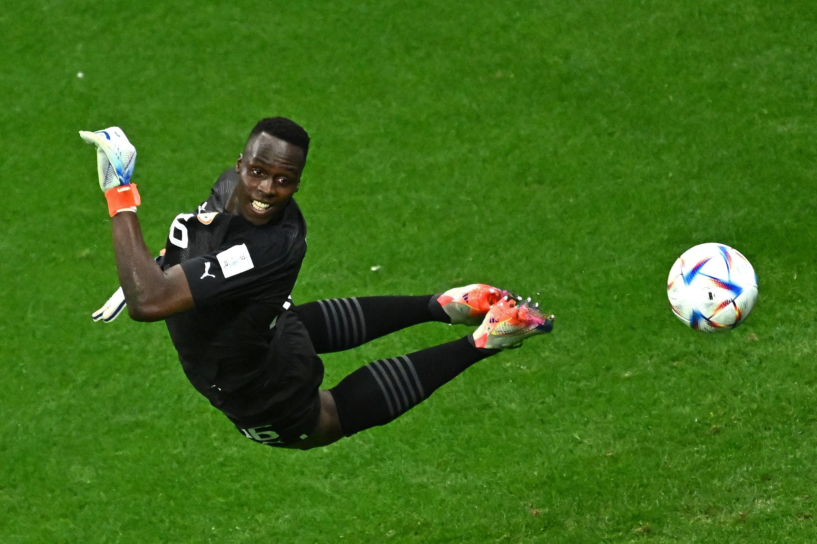 Senegal’s Edouard Mendy fails to save a strike from Bukayo Saka, England’s third of the match