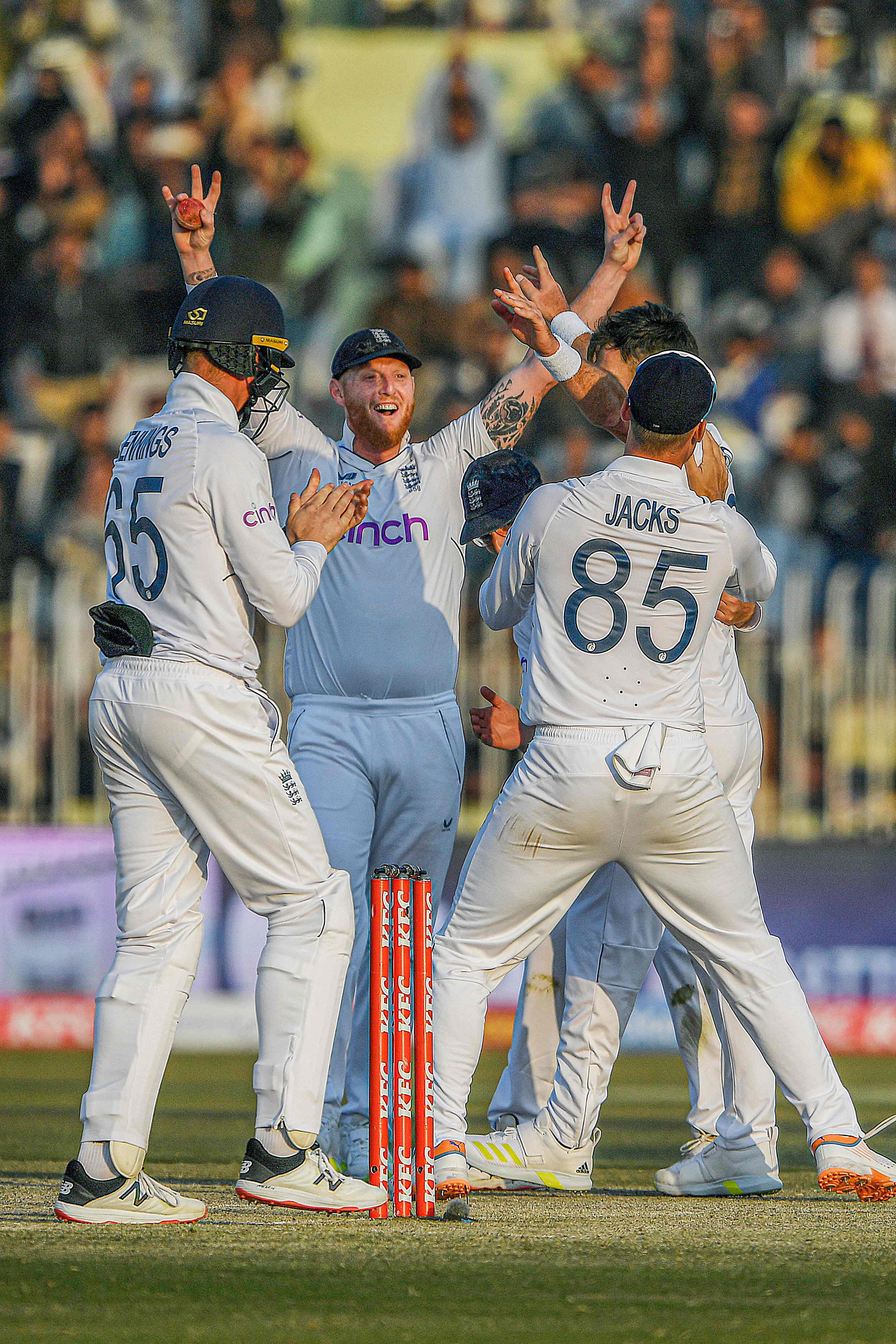 England’s Ben Stokes celebrates with teammates after the dismissal of Pakistan’s Haris Rauf