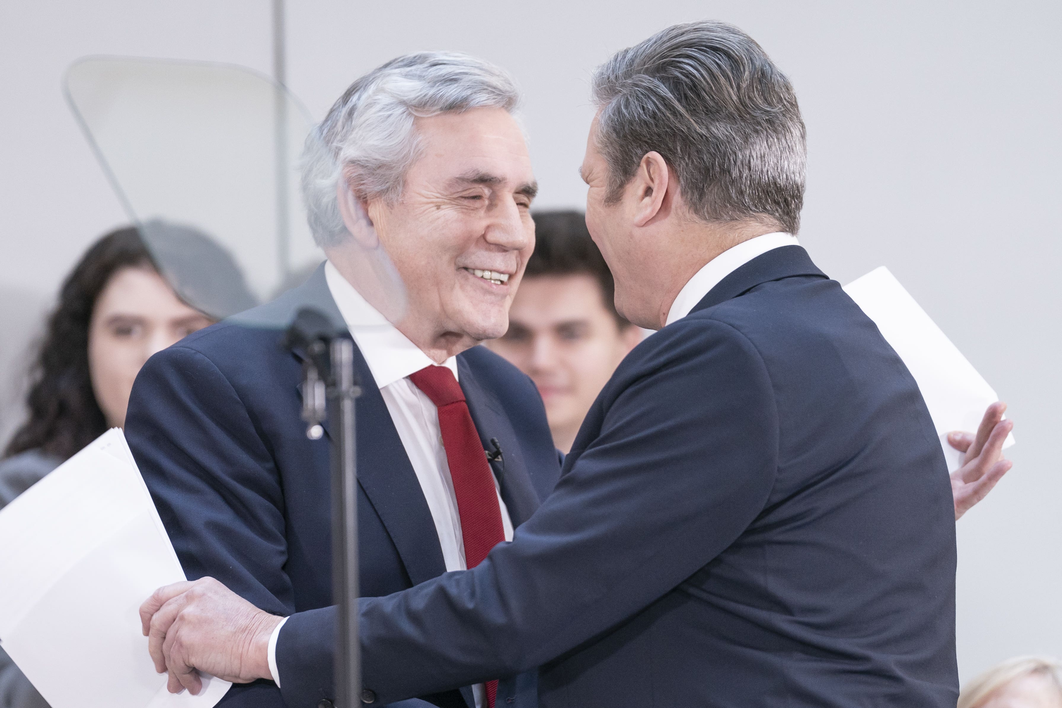 Labour leader Sir Keir Starmer (right) and former Prime Minister Gordon Brown greet each other (Danny Lawson/PA)