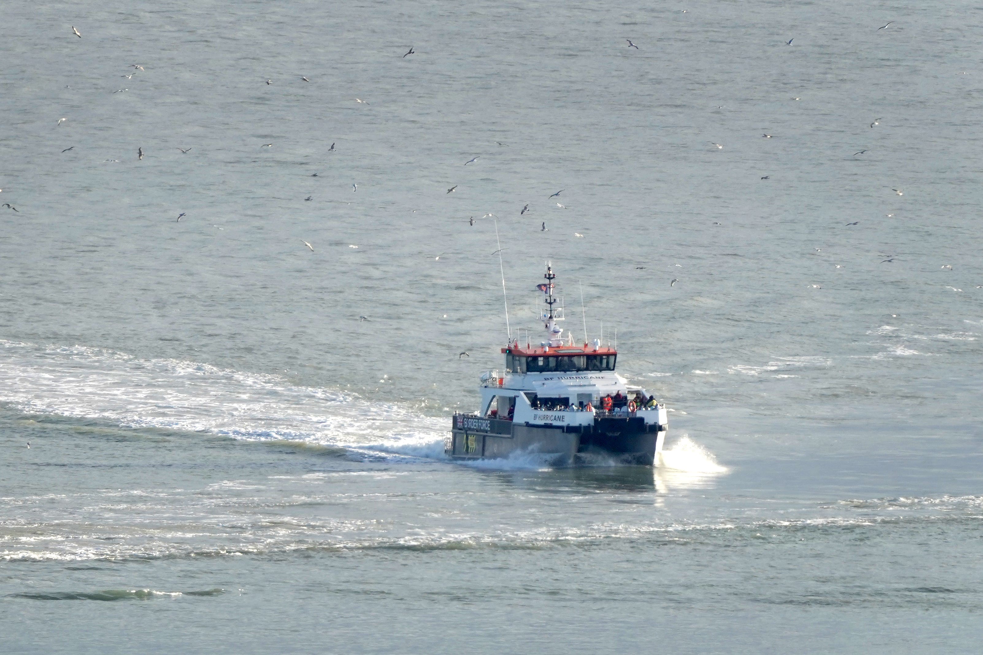 A group of people thought to be migrants are brought in to Dover, Kent, onboard a Border Force vessel (Gareth Fuller/PA)