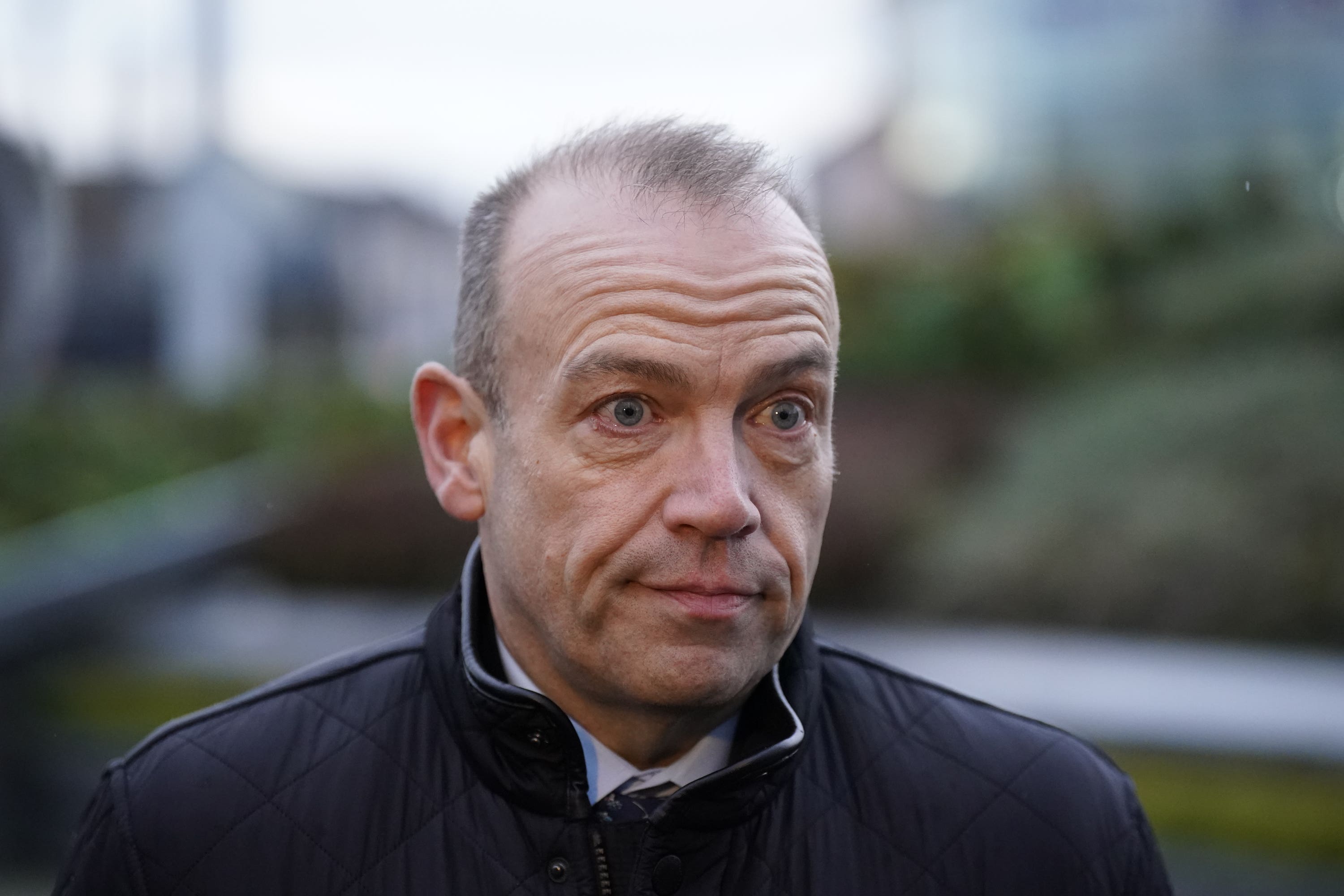 Northern Ireland Secretary Chris Heaton-Harris speaks to the media in Omagh, Co Tyrone.