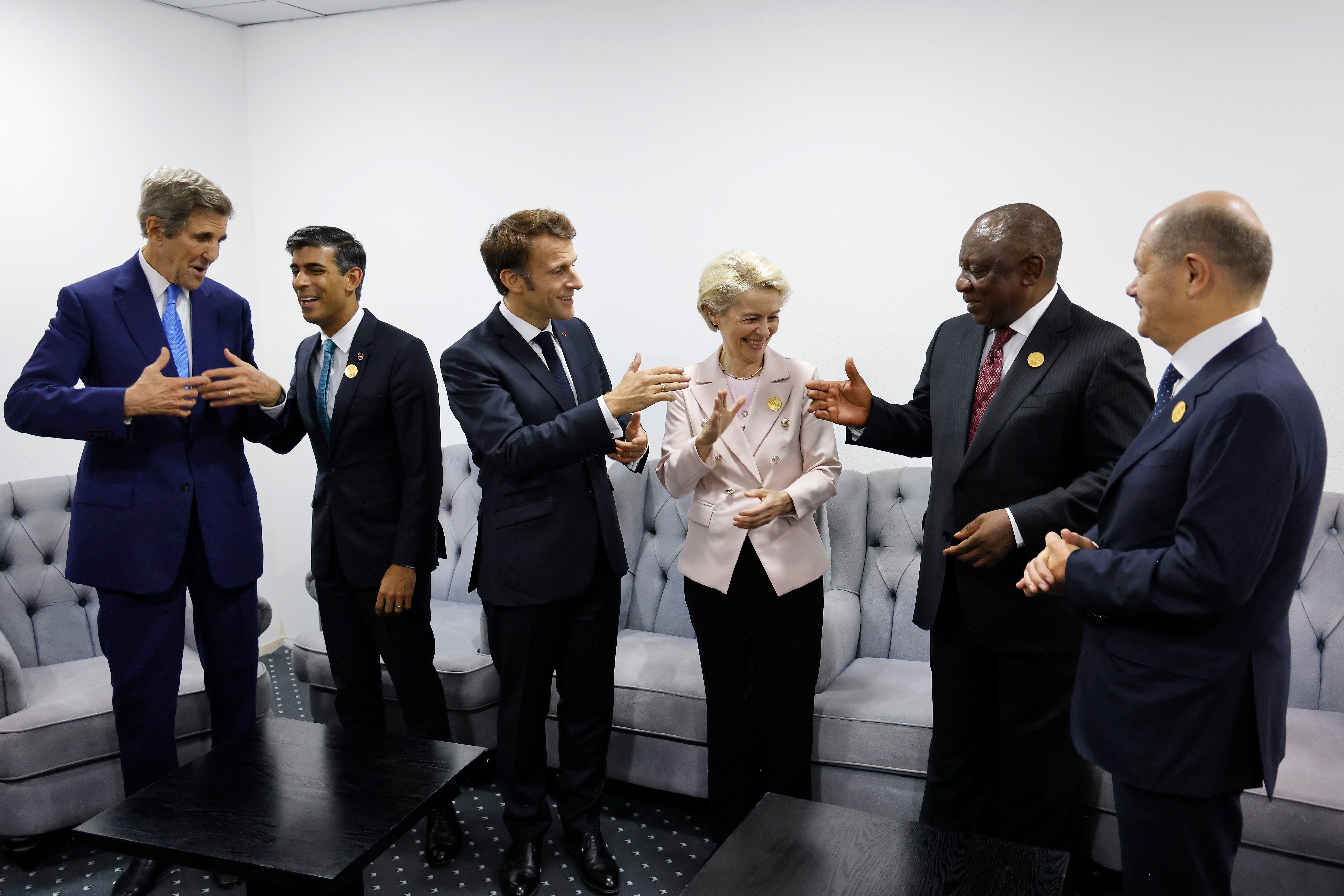 From left: John Kerry, Rishi Sunak, Emmanuel Macron, Ursula von der Leyen, Cyril Ramaphosa and Olaf Scholz meet on the sidelines of the Cop27 climate summit in Sharm el-Sheikh, Egypt