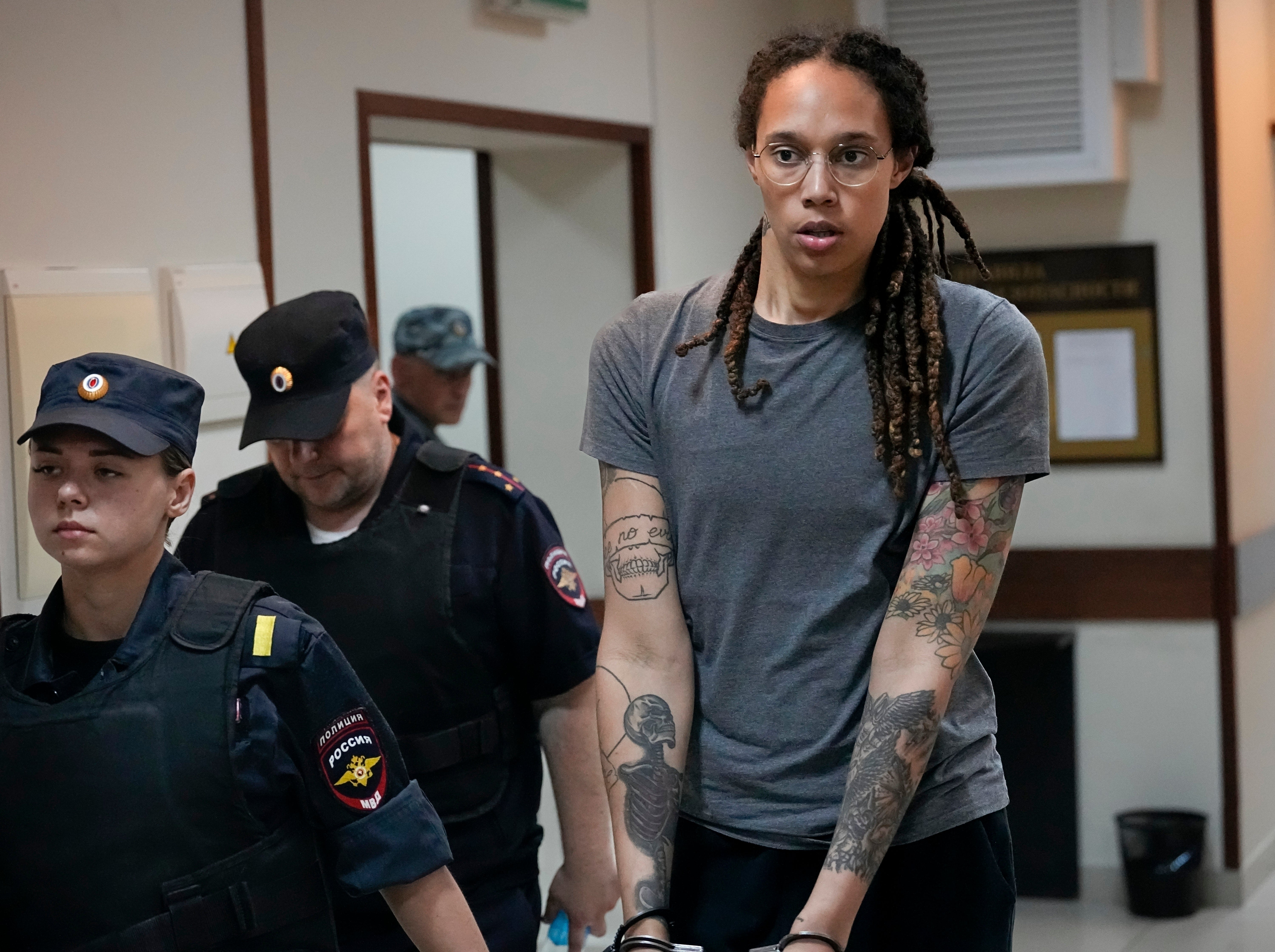 WNBA star and two-time Olympic gold medalist Brittney Griner pictured during a court appearance in Moscow earlier this year