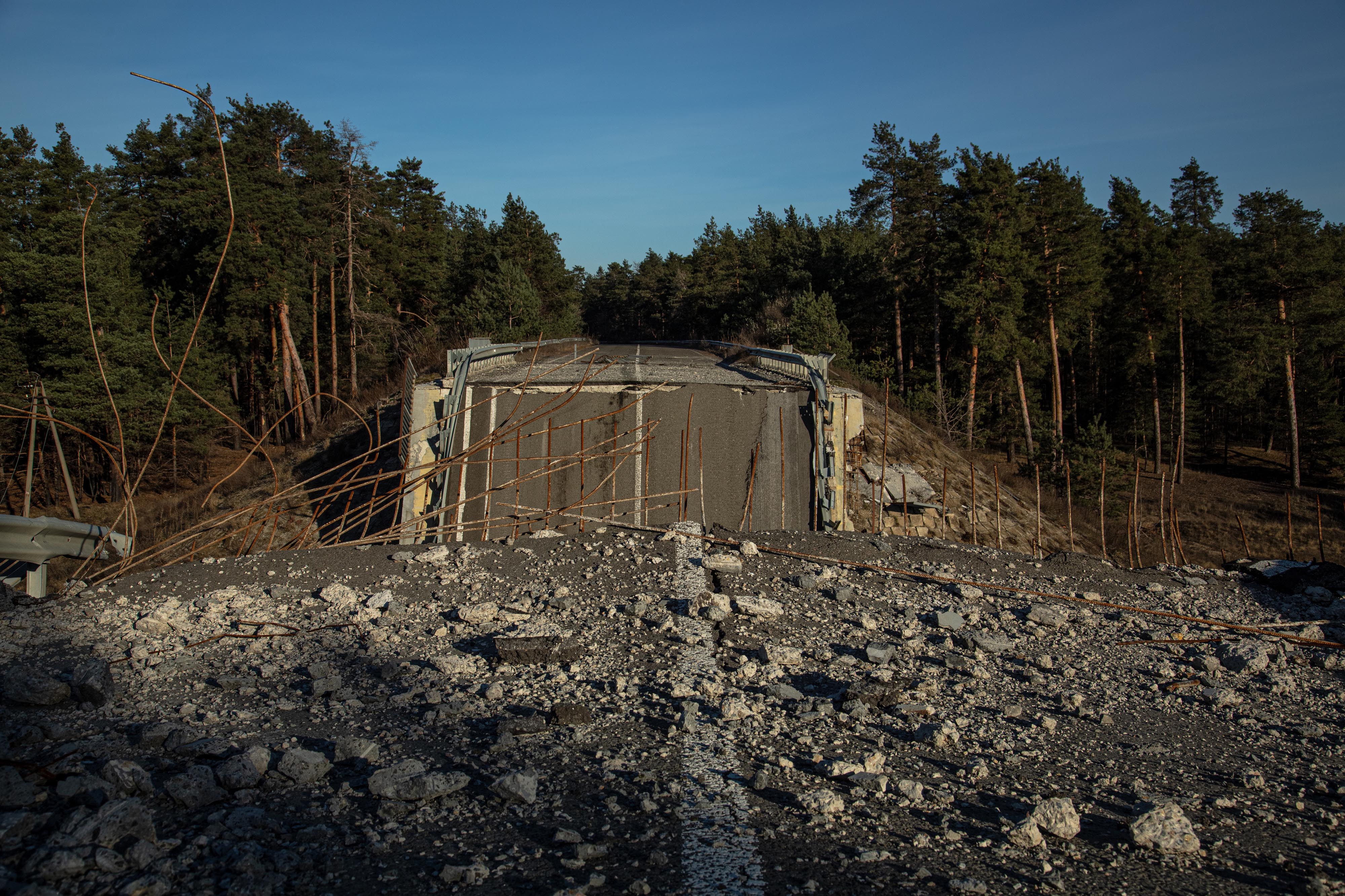 A destroyed bridge on the road to Kreminna on Sunday