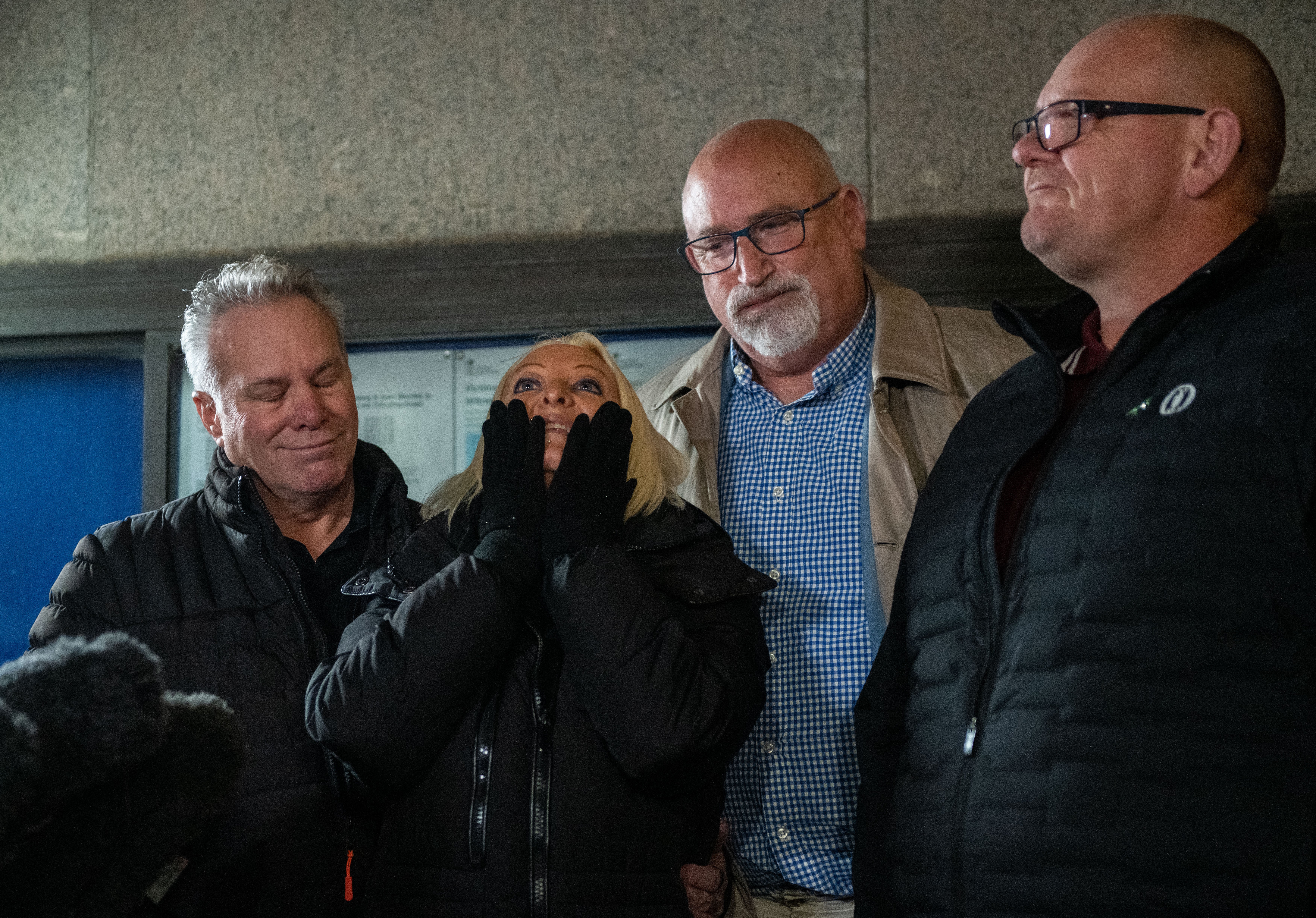 From left: Harry Dunn’s stepfather Bruce Charles, mother Charlotte Charles, family spokesman Radd Seiger and father Tim Dunn speak to media after the sentencing of Anne Sacoolas at the Old Bailey