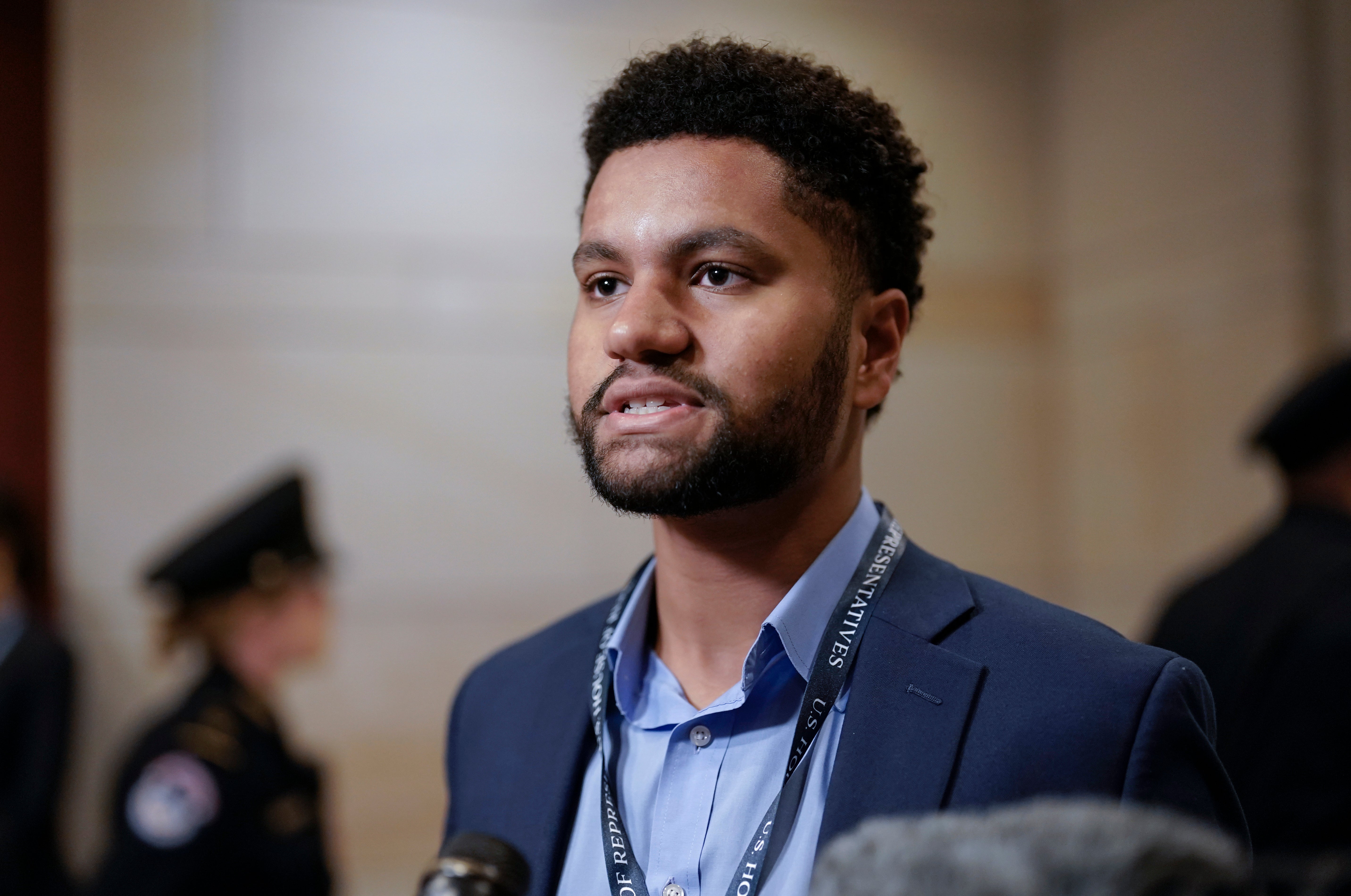 Rep.-elect Maxwell Frost, D-Fla., speaks with reporters as newly-elected members of the House of Representatives arrive at the Capitol for an orientation program, in Washington, Monday, Nov. 14, 2022