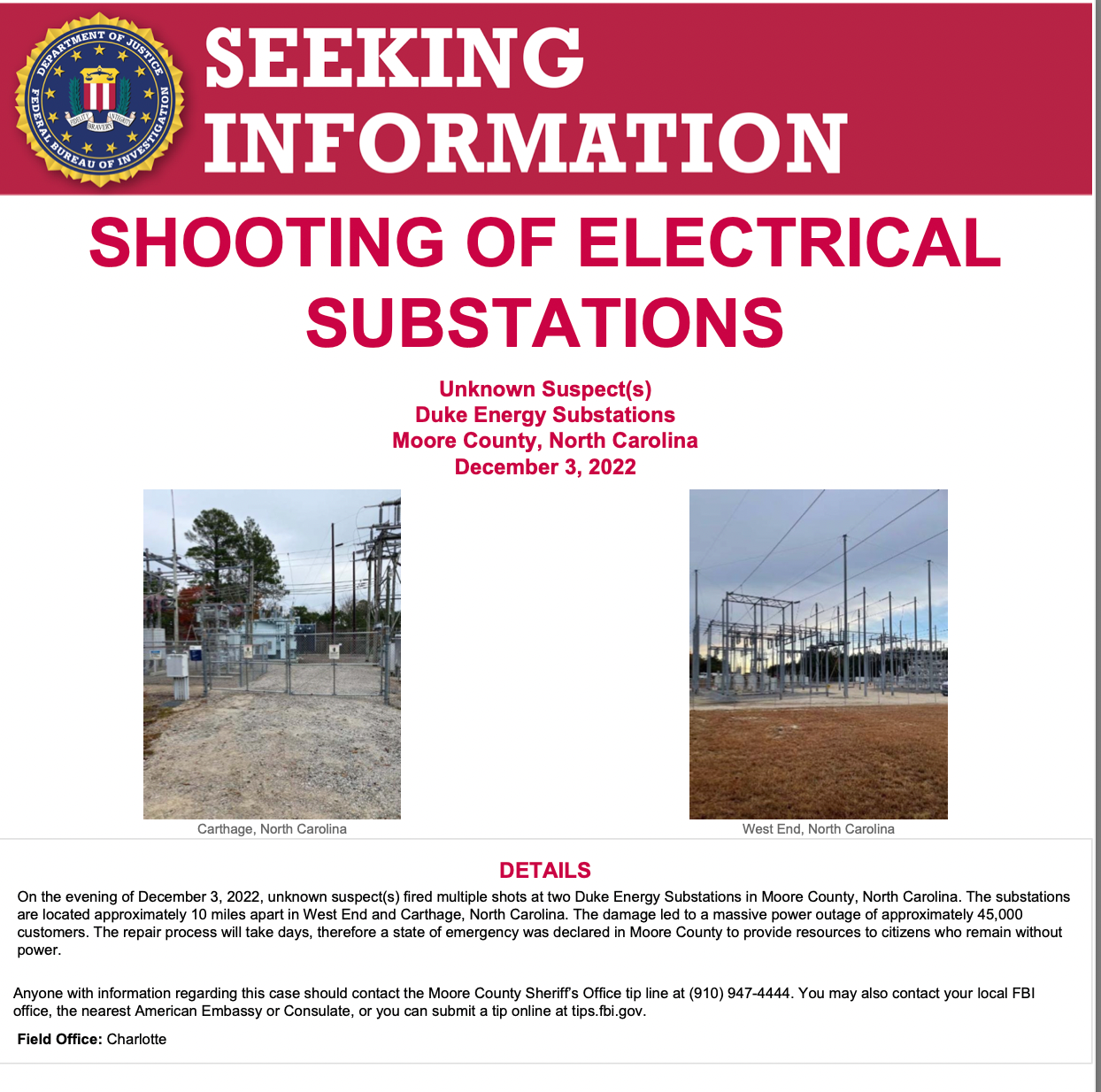 An FBI poster released on Thursday sought information for the attacks on two substations in North Carolina at the weekend