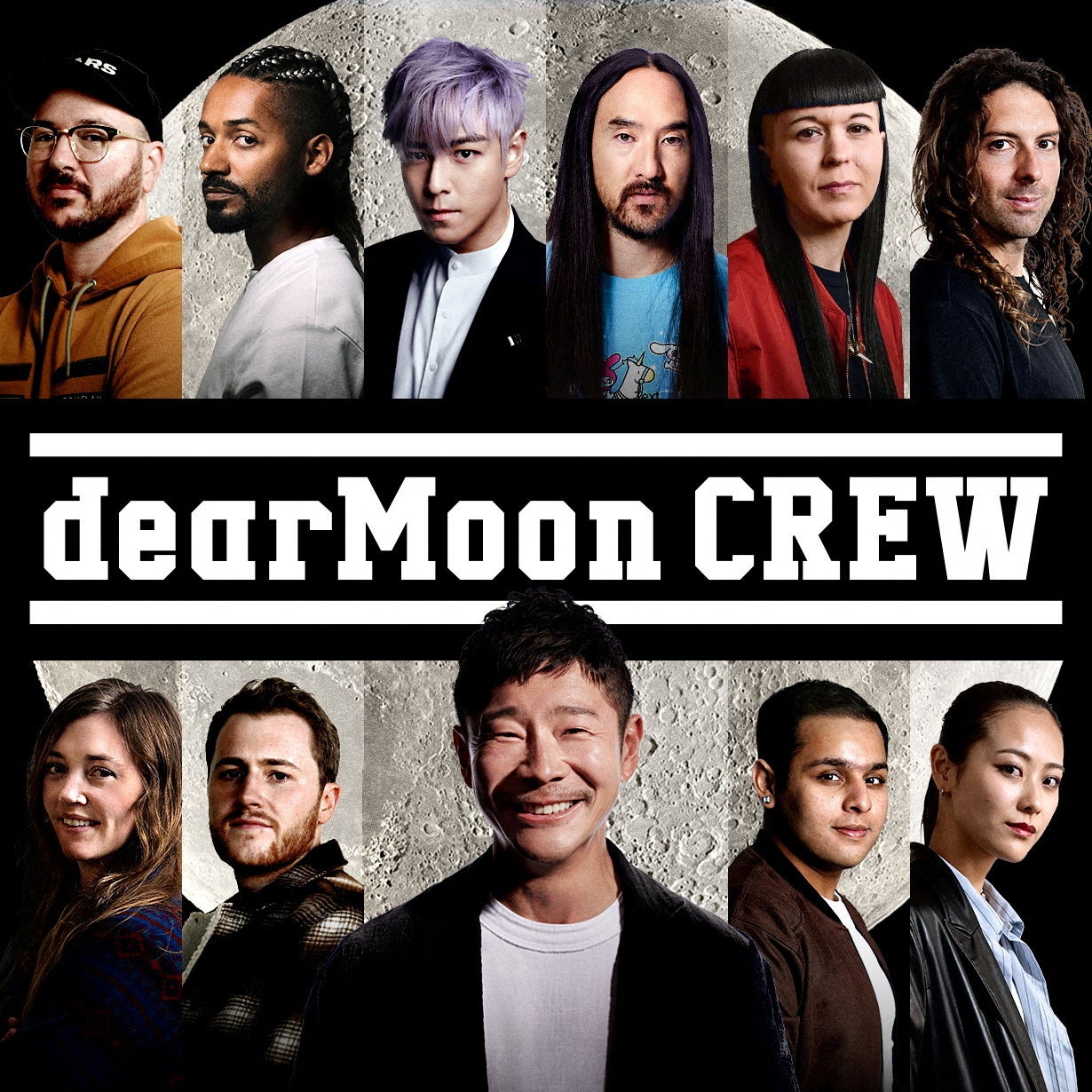 Japanese billionaire Yusaku Maezawa and the eight main crew members, who Maezawa plans to take on a trip around the moon