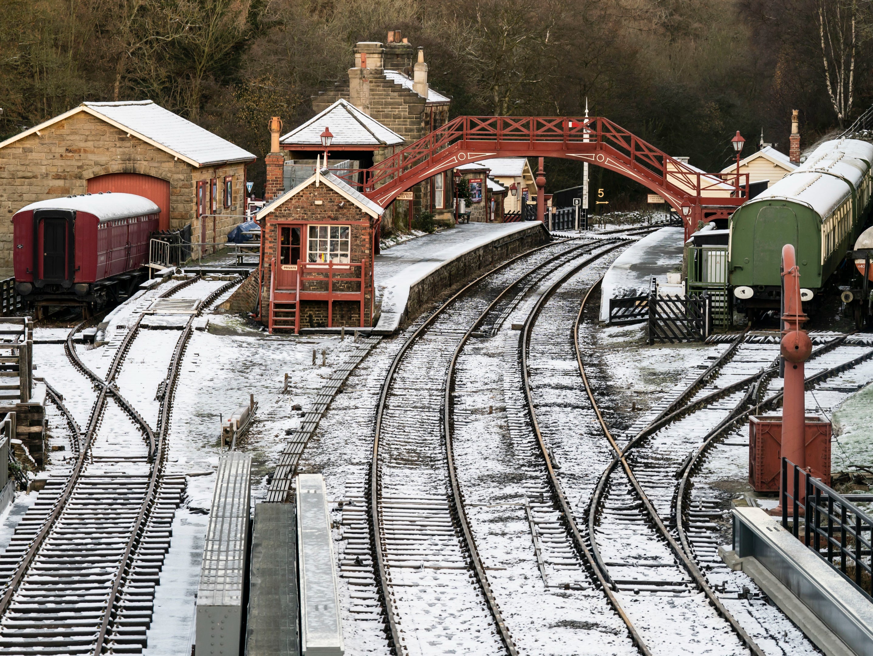 Snow and frost covers Goathland railway station in the North York Moors