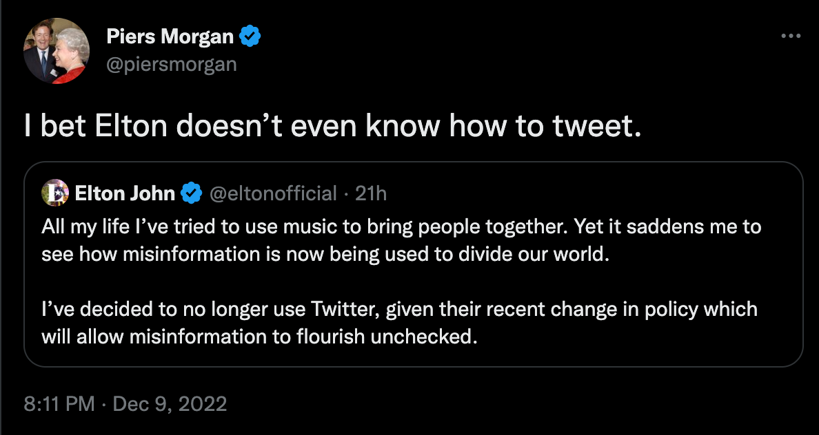 Piers Morgan has questioned Elton John’s post announcing he has quit Twitter