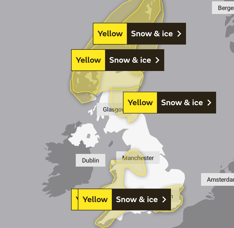 Met Office yellow warnings for Sunday