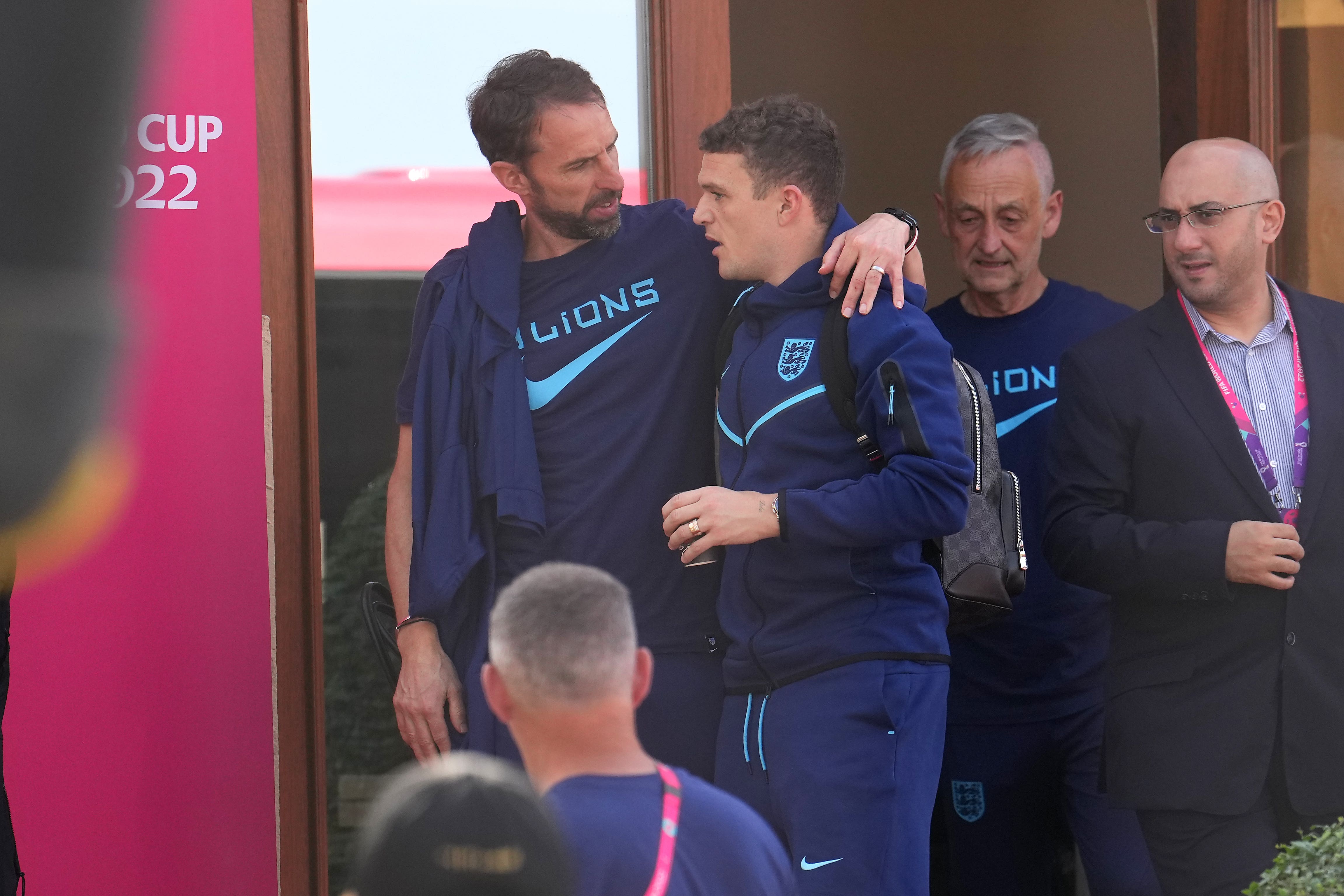 England manager Gareth Southgate (left) and Kieran Trippier outside the Souq Al-Wakra hotel (Martin Rickett/PA)