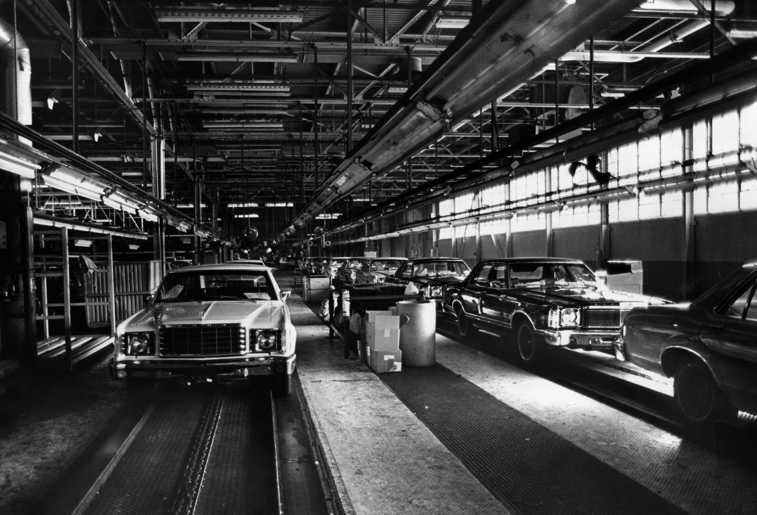 Unfinished cars on the Ford assembly line in Mahwah, New Jersey, USA during a strike. 15th September 1976.